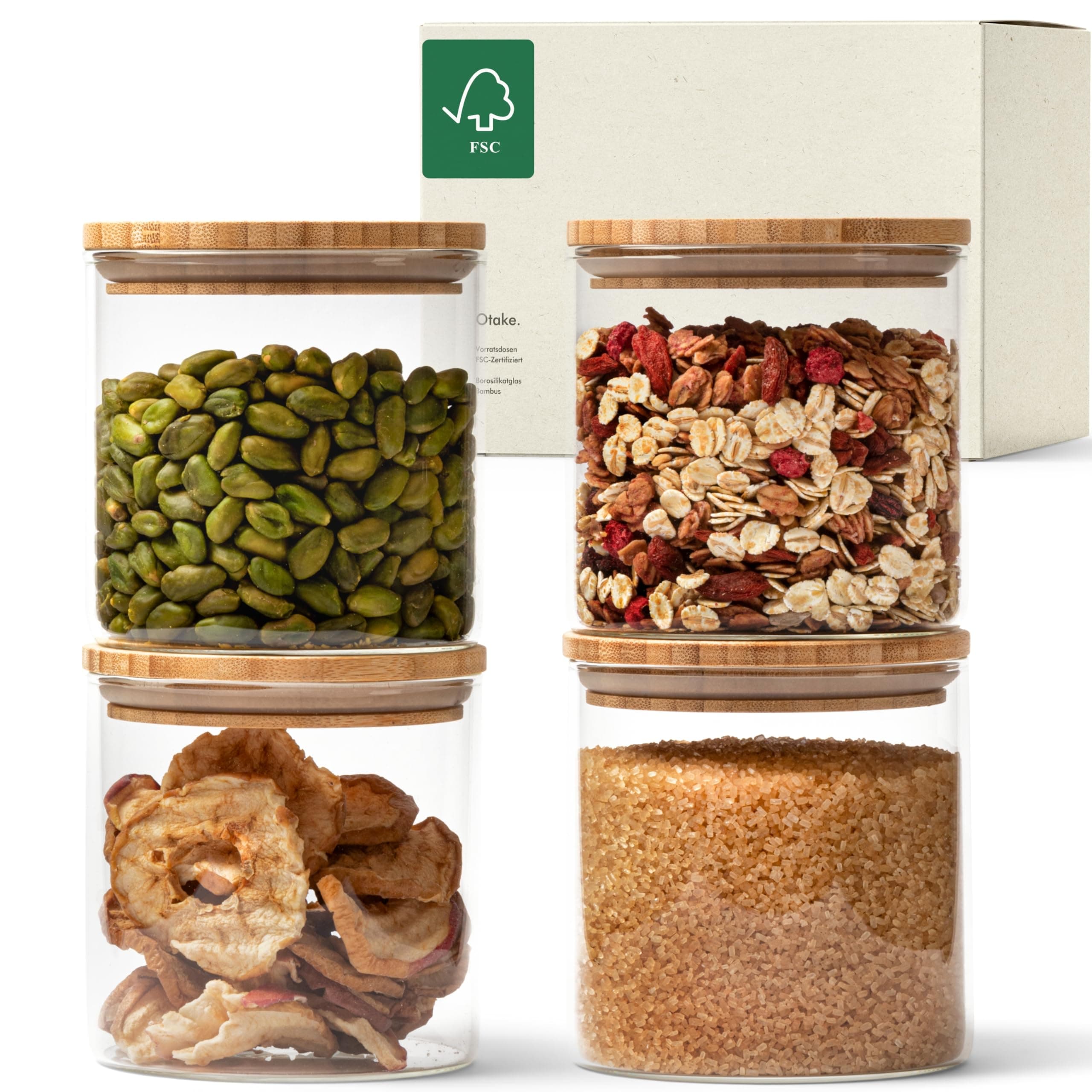 KIVY Barattoli Vetro Ermetici [4x 600ml] - Barattolo Vetro con Coperchio - Barattolo Sale Zucchero Caffè - Barattoli Cucina in Bambù - Contenitore Sale - Porta Pasta con Coperchio