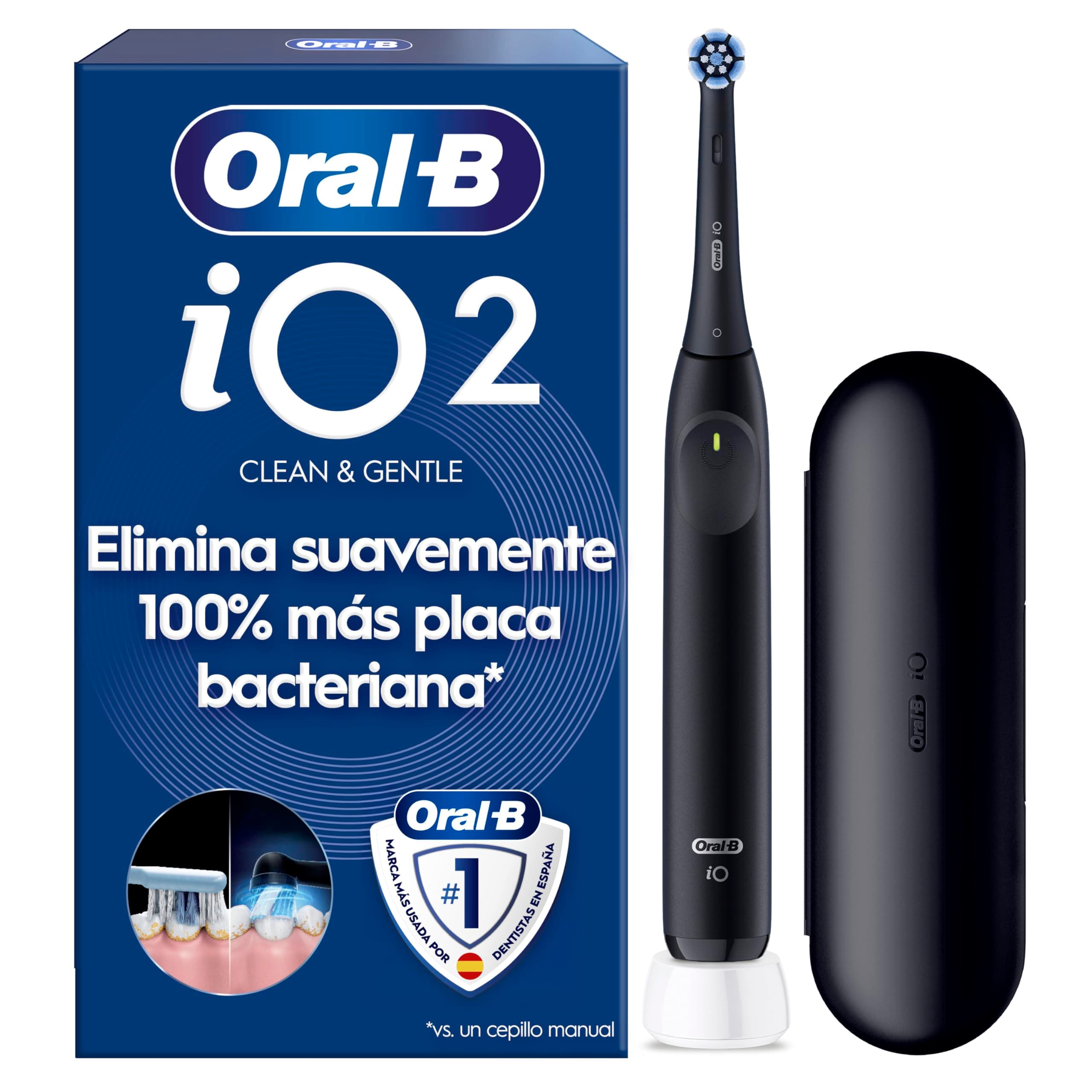 Oral-B iO 2 Cepillo de Dientes Eléctrico con 1 Cabezal, Negro Noche - Cepillo Dental con 3 Modos de Cepillado, Sensor de Presión, Temporizador, Estuche de Viaje Y Portarrecambios, Diseñado por Braun
