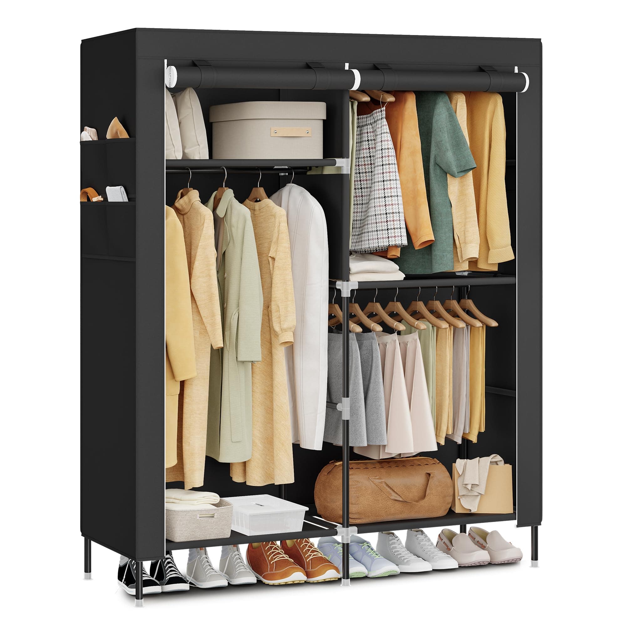 SONGMICS Guardaroba in Tessuto, Armadio Portatile, 45 x 127 x 180 cm | Appendiabiti con Ripiani, Tasche Laterali, 3 Zone Appendi Abiti, per Camera da Letto, Nero, Collezione RYLAN RYG010BZ02