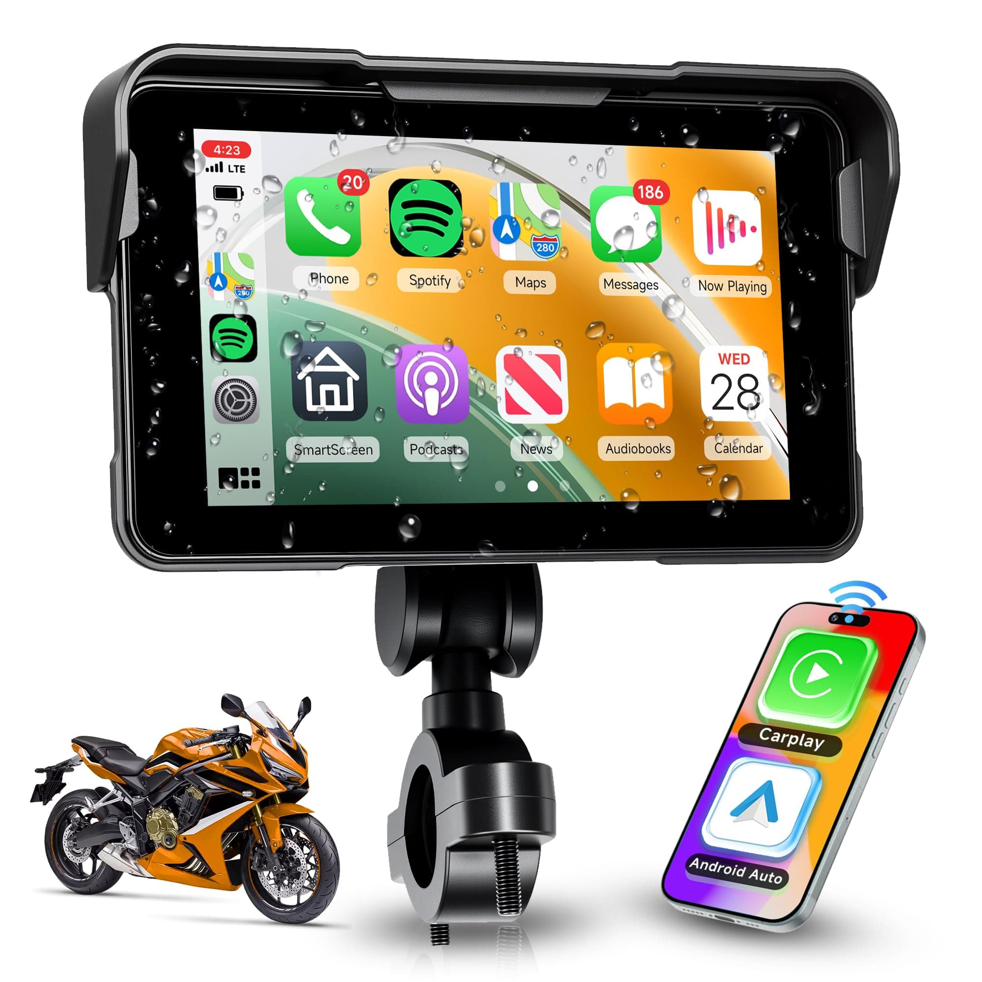 Rimoody Wireless Carplay Display Motociclo Android Auto, 5 Pollici Touchscreen Carplay Autoradio Portatile per Motorbike, Autoradio per Moto con Airplay/Android Cast/Bluetooth/Navigation/IP68 étanche