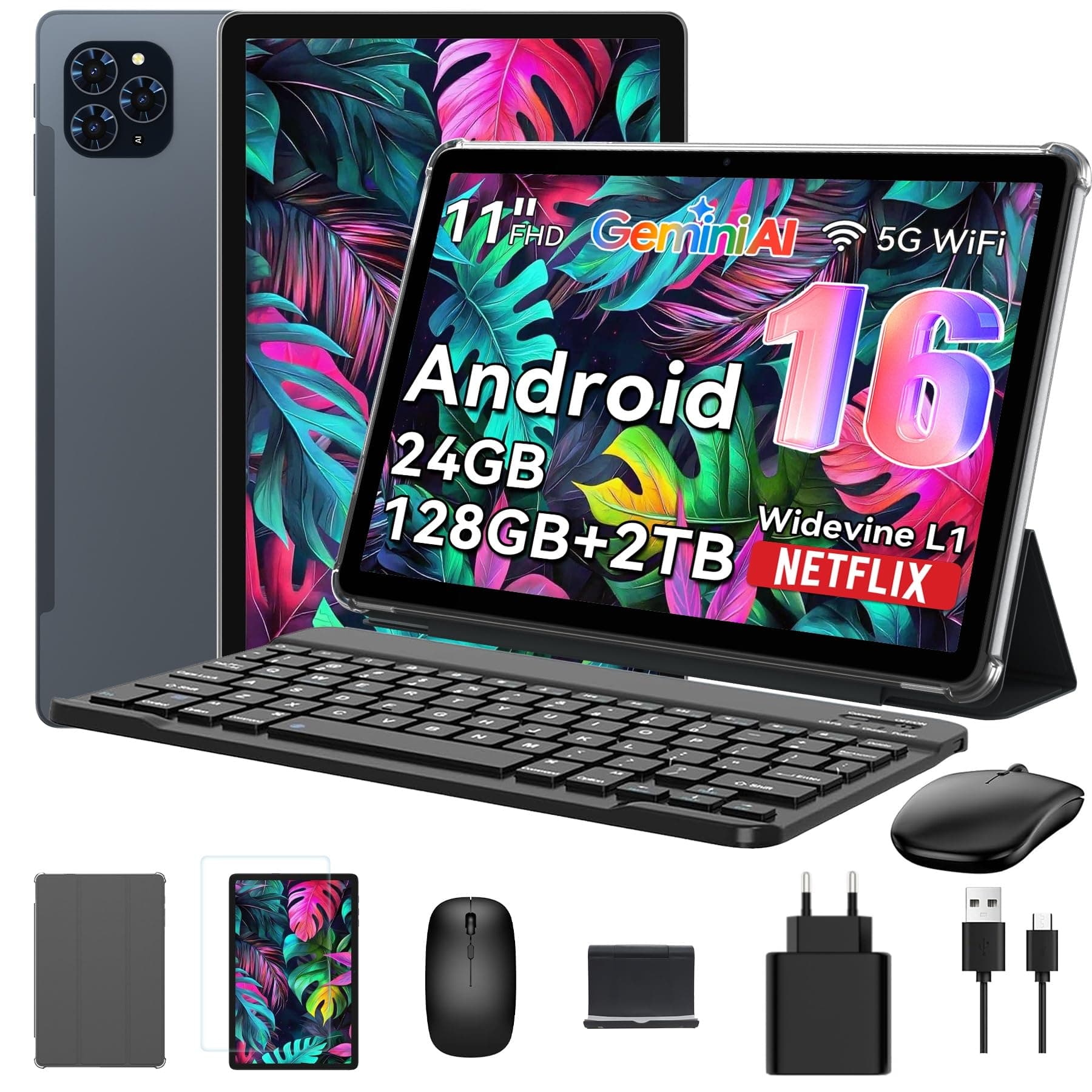 TABWEE T90 Tablet 11 Pulgadas con Teclado y Lápiz, Android 16 con Gemini AI, 24GB RAM + 128GB ROM (TF 2TB), Pantalla FHD, Batería 8000mAh, Widevine L1, Tablet 2 en 1 para Estudiar y Trabajar, GPS-Gris
