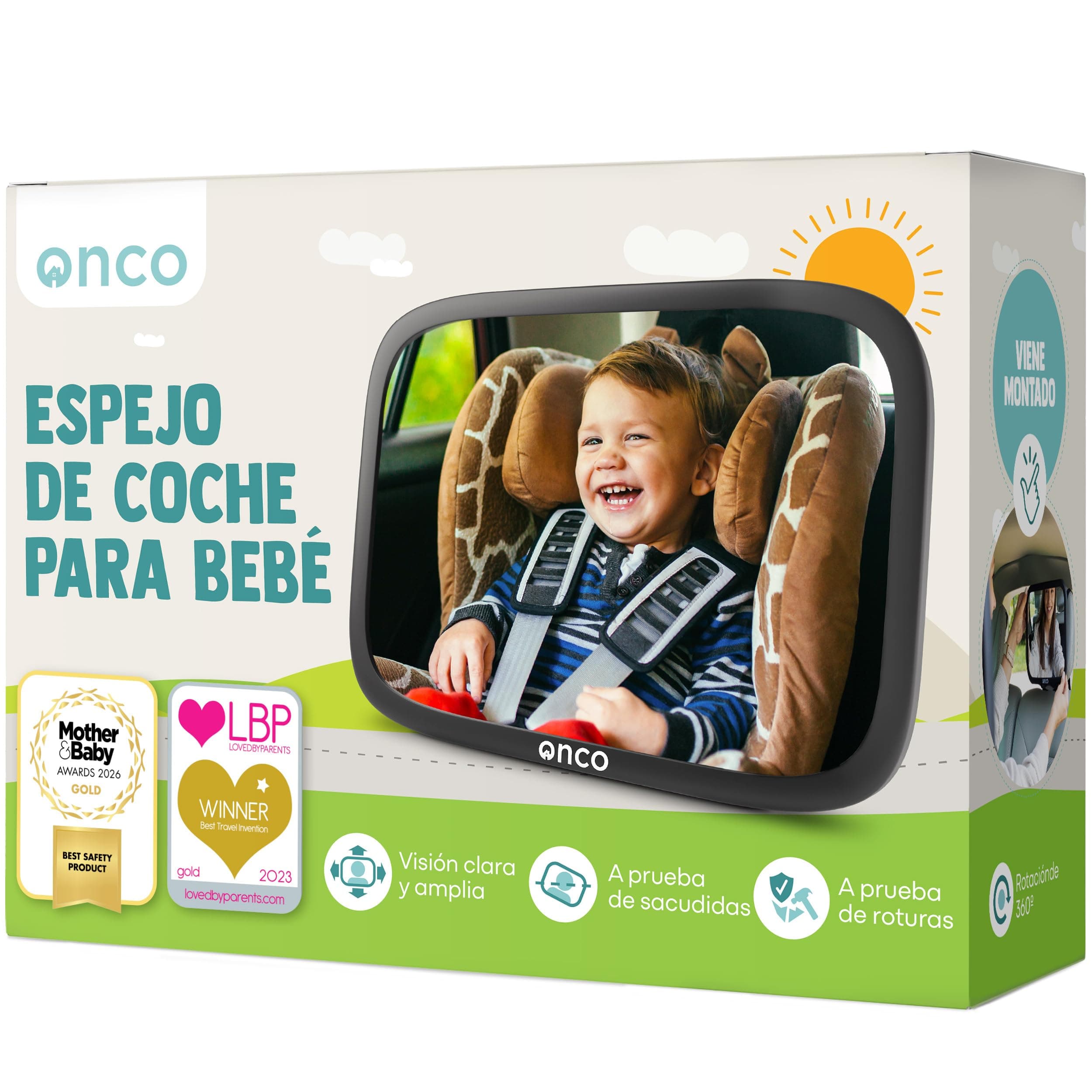 Onco Espejo Coche Bebé Asiento Trasero - 100% a Prueba de Roturas - Conduce Seguro y Observa a Tu Hijo - Accesorios Esenciales para Padres Primerizos - Ganador del Premio LovedByParents