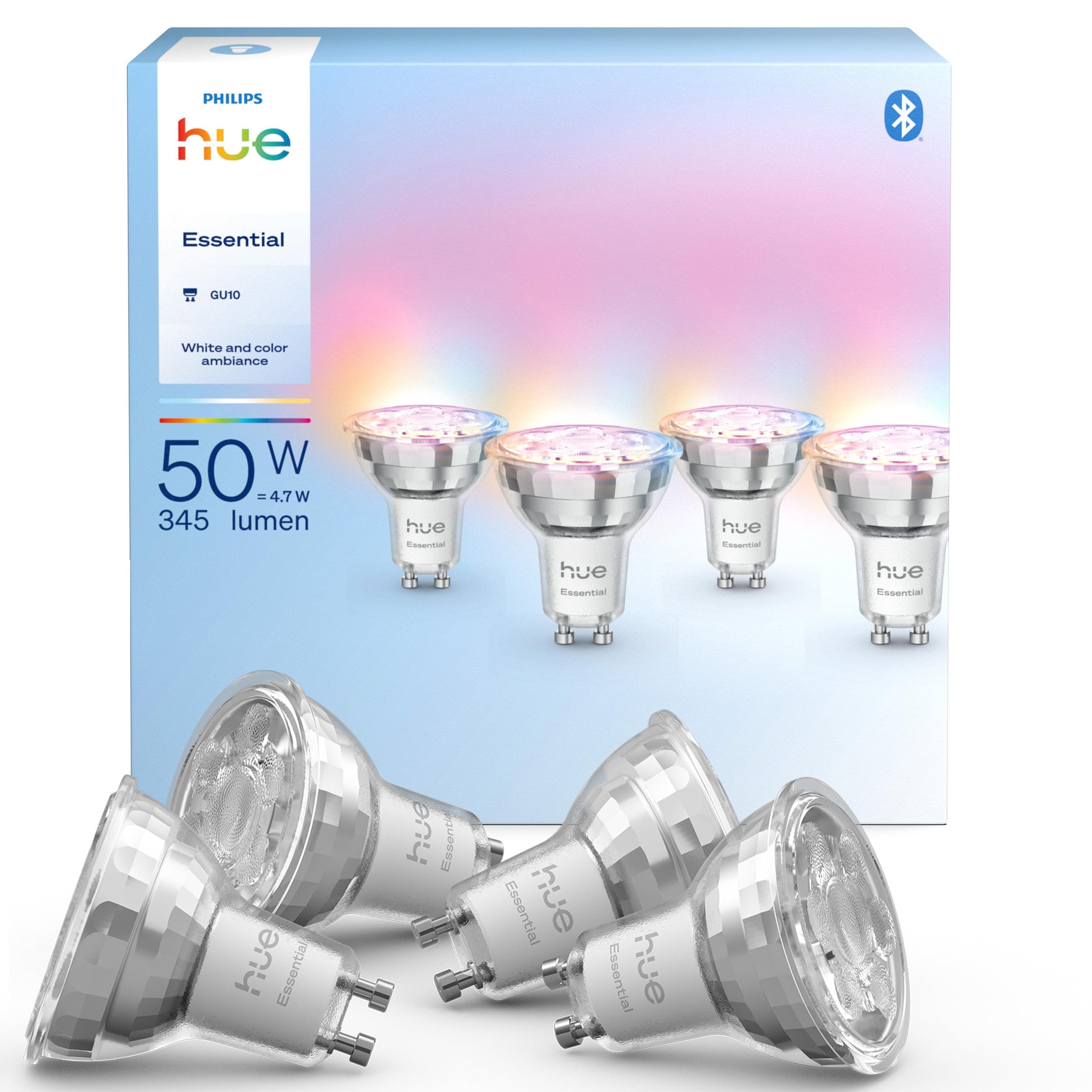Philips Hue Essential Smart LED GU10 Spotlight, Weiß und Farbe, 345 lm Energiesparlampen, dimmbar, LED Leuchtmittel kompatibel mit Alexa, Google Assistant und Apple Home, 4er Pack