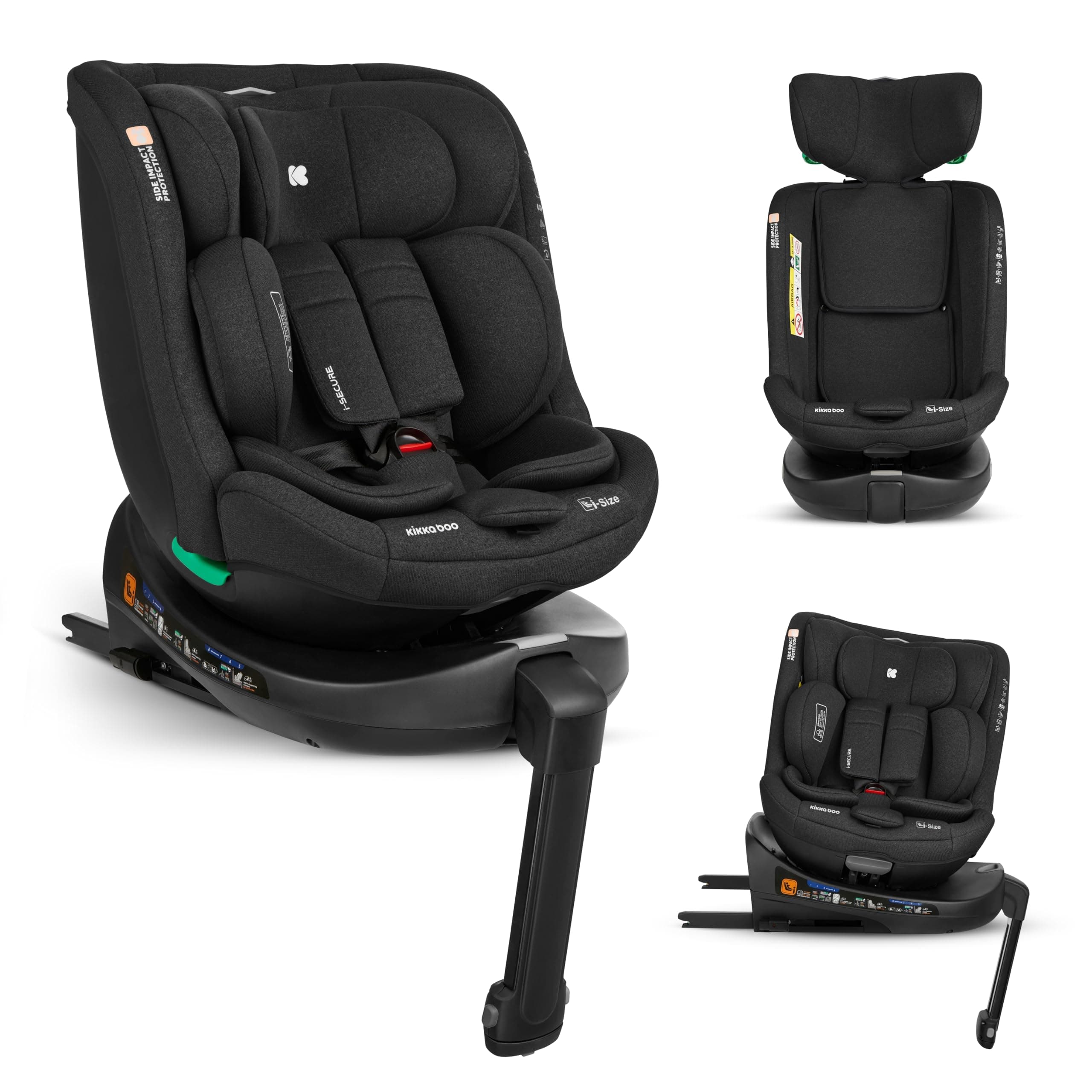 KikkaBoo Silla Coche Bebe Grupo 0 1 2 3 ISOFIX (0-36 kg) i-SECURE, Giratoria 360°, Reclinable, Protección SPS i-Size, Lateral, Arnés de 5 Puntos, 12 Posiciones Reposacabezas, Negro