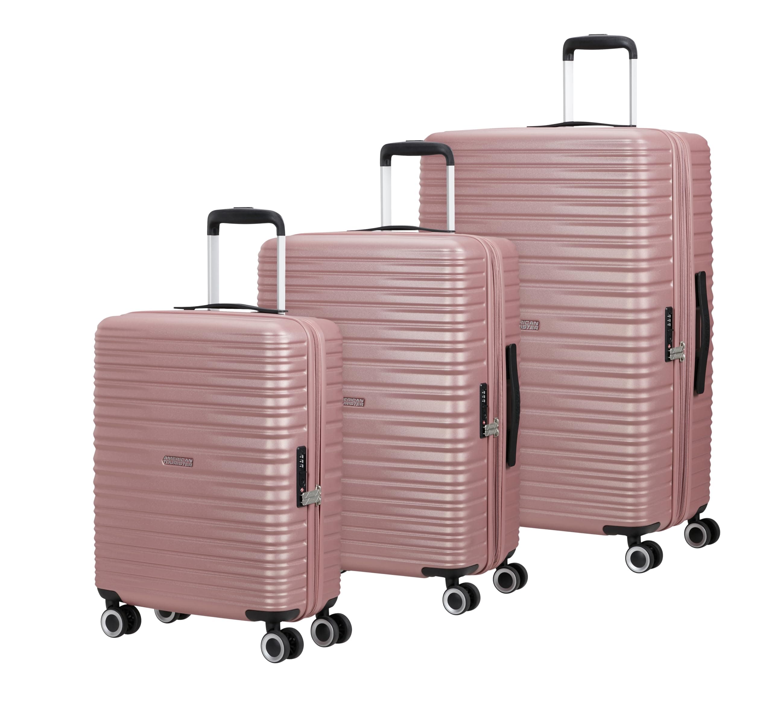American Tourister Aerotech - Set di valigie rigide da 3 pezzi (bagaglio a mano, medio, grande), espandibile, set di trolley con lucchetto TSA - rosa (rosa metallizzato)