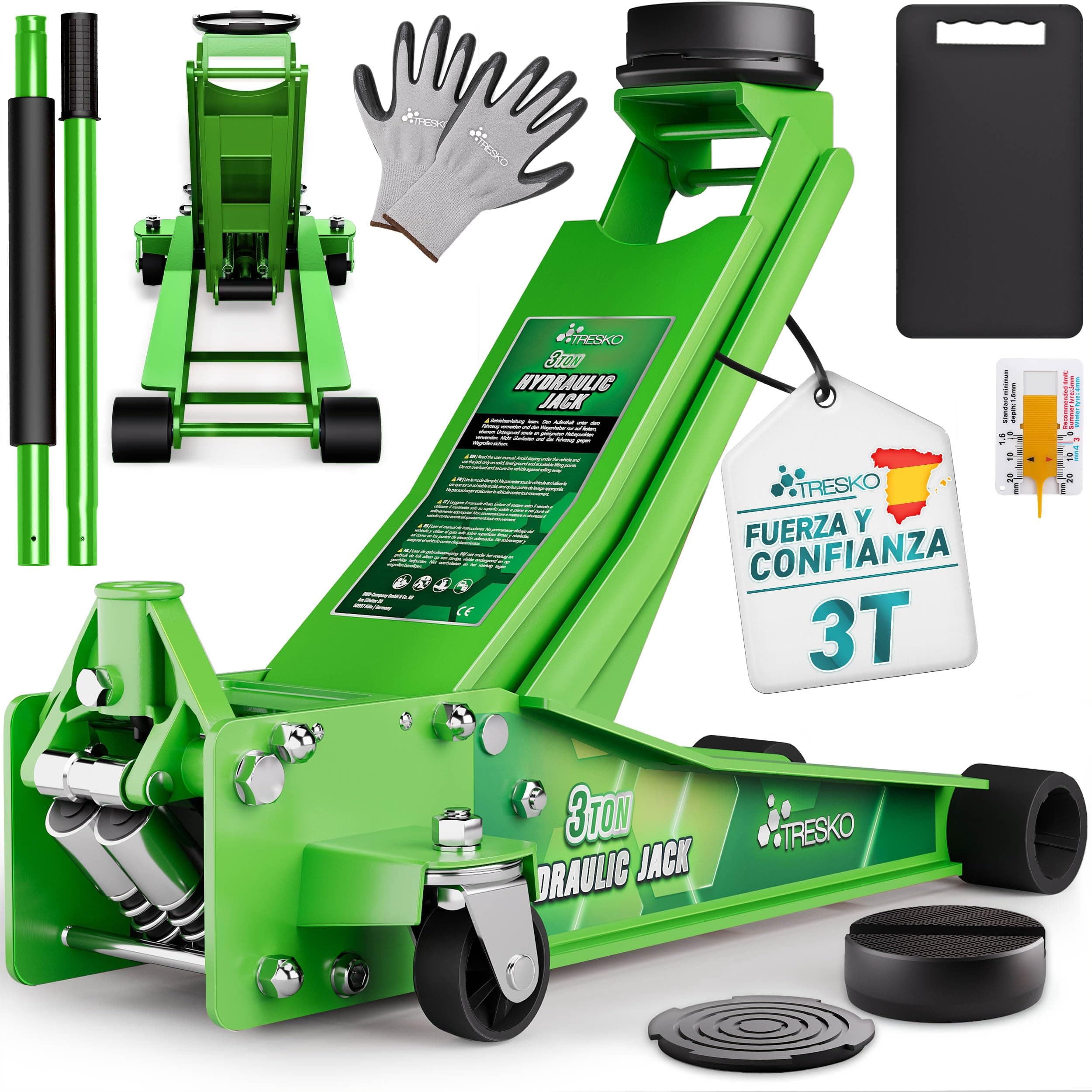 TRESKO Gato hidráulico 3T, altura de elevación de 75 – 510 mm, hidráulico, plano, doble pistón y ruedas de 360°, incluye 2 almohadillas de goma, alfombrilla protectora, guantes (verde, 3 toneladas)