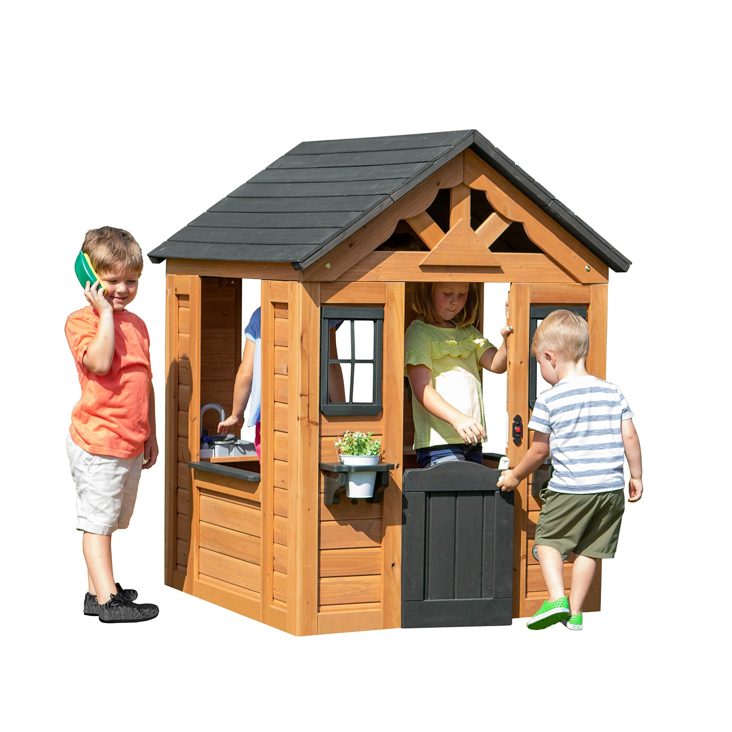 Backyard Discovery Sweetwater Cabane Exterieur pour Enfant en Bois - Marron/Noire | Maisonnette de Jeux de Jardin | avec Cuisine Dinette, Accessoires - Jeux Exterieur - 117 x 107 x 140 cm / 2 à 10 an