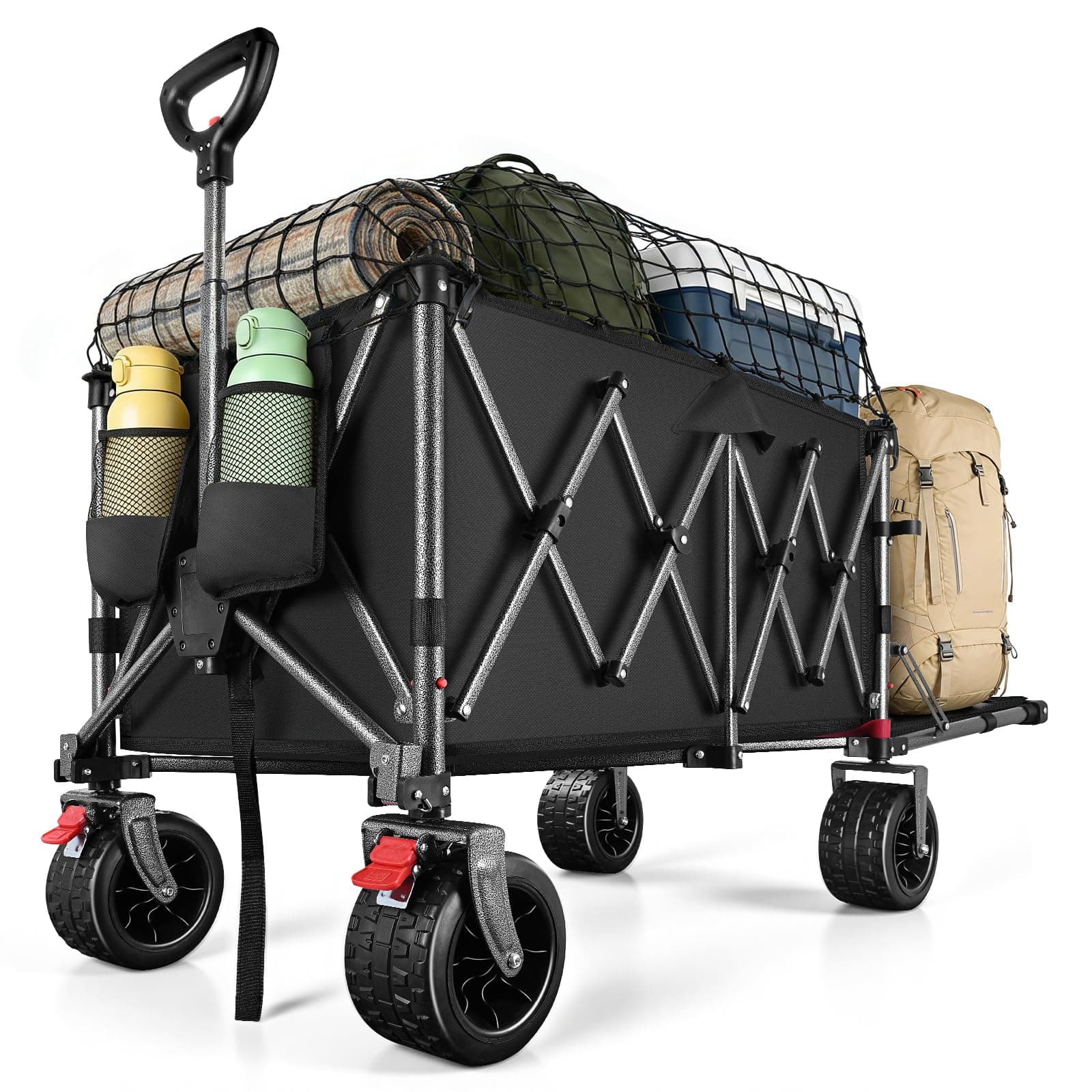 YEAUPE PRO Chariot de Plage Pliable – Roues Avant orientables avec Frein, Arrière ouvrant pour Objets Longs, Capacité Extensible de 200 à 300 L – pour Plage, Pêche, Camping, Jardin, Noir