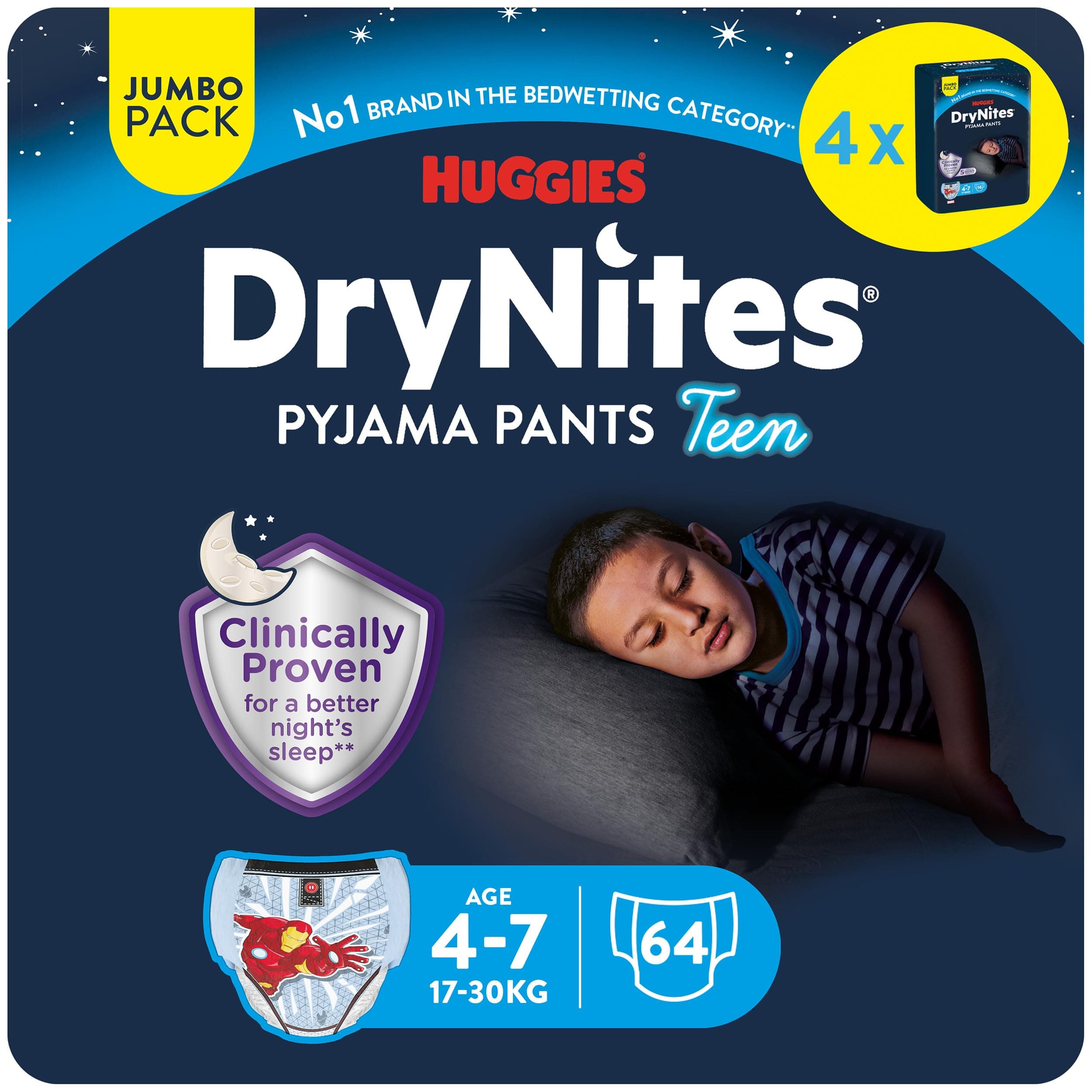 Huggies DryNites Pañales de Noche para Niño 4-7 (17-30 kg), Clínicamente Probado con 5 Capas de Máxima Protección Nocturna, 4 Packs de 16, Total 64 Calzoncillos Absorbentes