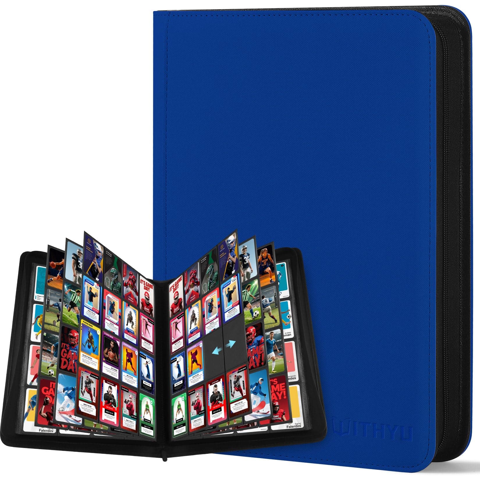 WITHYU Album de Collection pour Cartes - 32 Pages Capacité 1024 Cartes, Classeur Étanche & Antichoc avec Insertion Latérale pour TCG/Jouer/Sportives, Conception sans Anneaux (Bleu Foncé)