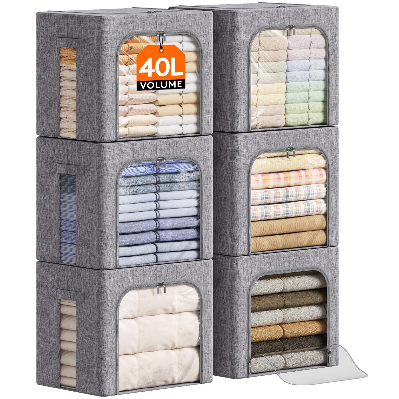 Lifewit 40L Aufbewahrungsbox mit Deckel, Kleidung Aufbewahrung, Faltbare Kleideraufbewahrung mit Metallrahmen, Stoffbox mit Griffen & Fenster, Aufbewahrung Kleiderschrank, 6er Set, Hellgrau
