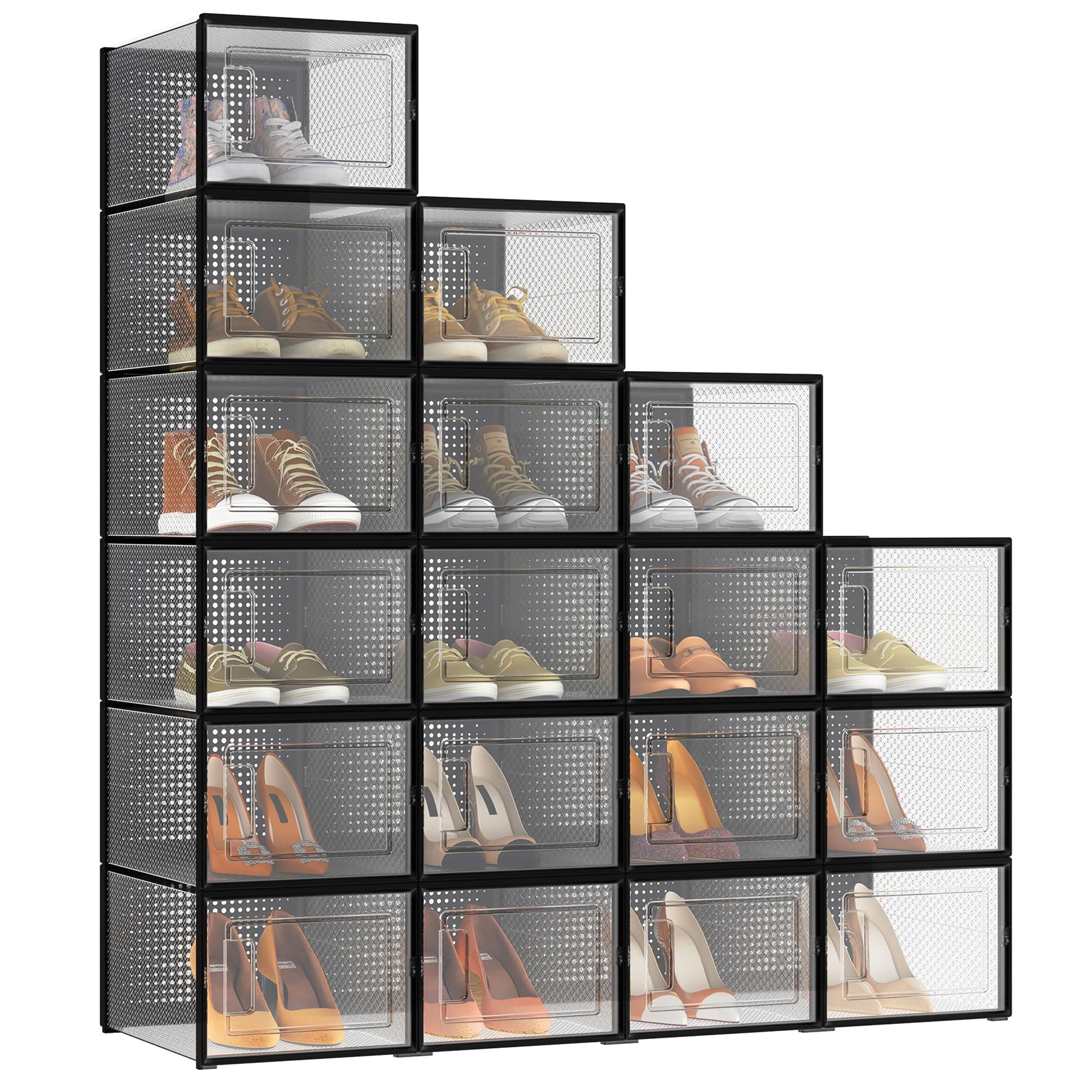 SONGMICS Scatole per Scarpe, Pacco da 18 Contenitori per Scarpe, Organizzatori Porta Scarpe Pieghevoli e Impilabili, Fino a Taglia 46, Trasparente e Nero LSP007B18