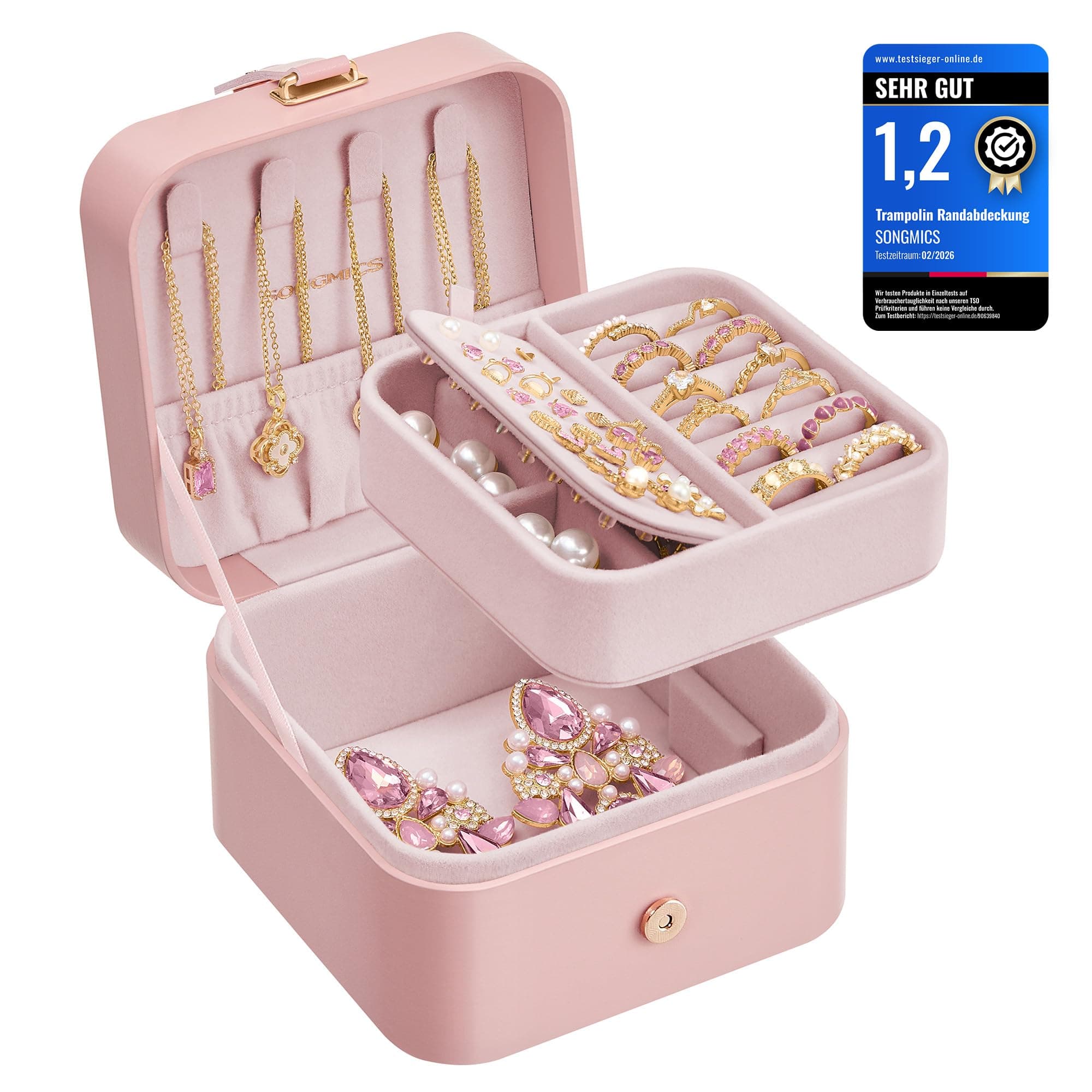 SONGMICS GISELLA Kollektion - Schmuckkästchen Reise mit 2 Ebenen, Schmuckkasten klein, Schmuckaufbewahrung, tragbar, für größere Accessoires, Geschenkidee, 11,2 x 11,8 x 7,2 cm, pastellrosa JBC185R02