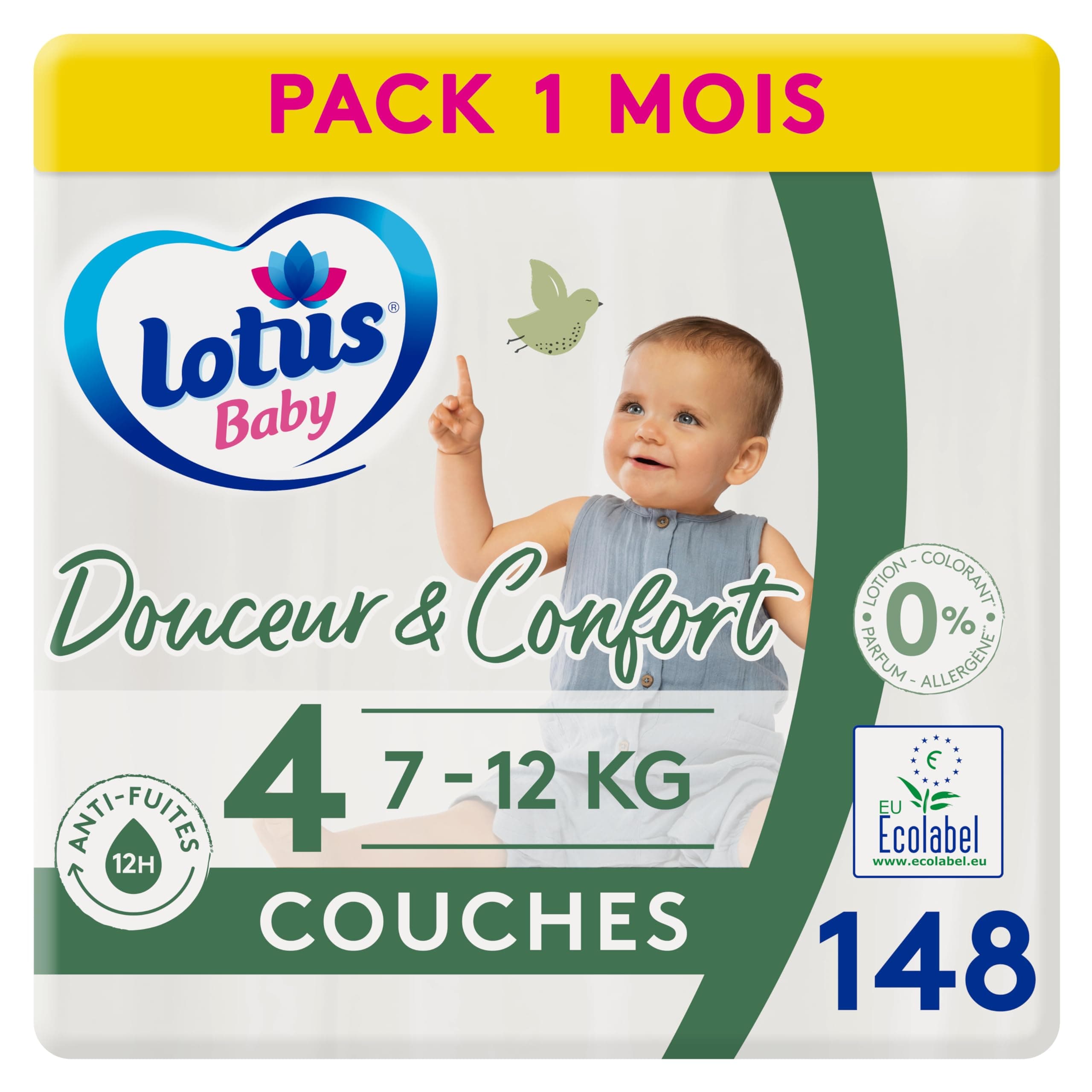 Lotus Baby Douceur & Confort - Couches Taille 4 (7-12 kg) Pack 1 mois - 148 Unité,Blanc