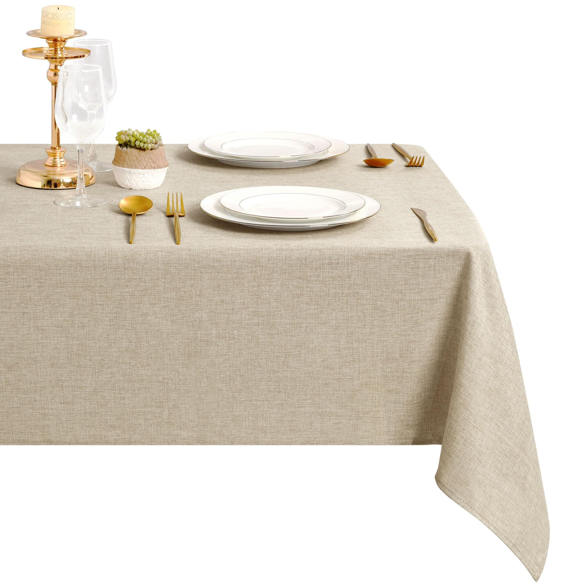 DWCN Nappe Beige Aspect Lin Lavable et Imperméable Tissu Enduite Anti-Tache Rectangulaire 135x240cm, pour Salle à Manger, Jardin, Fête, Mariage Maison