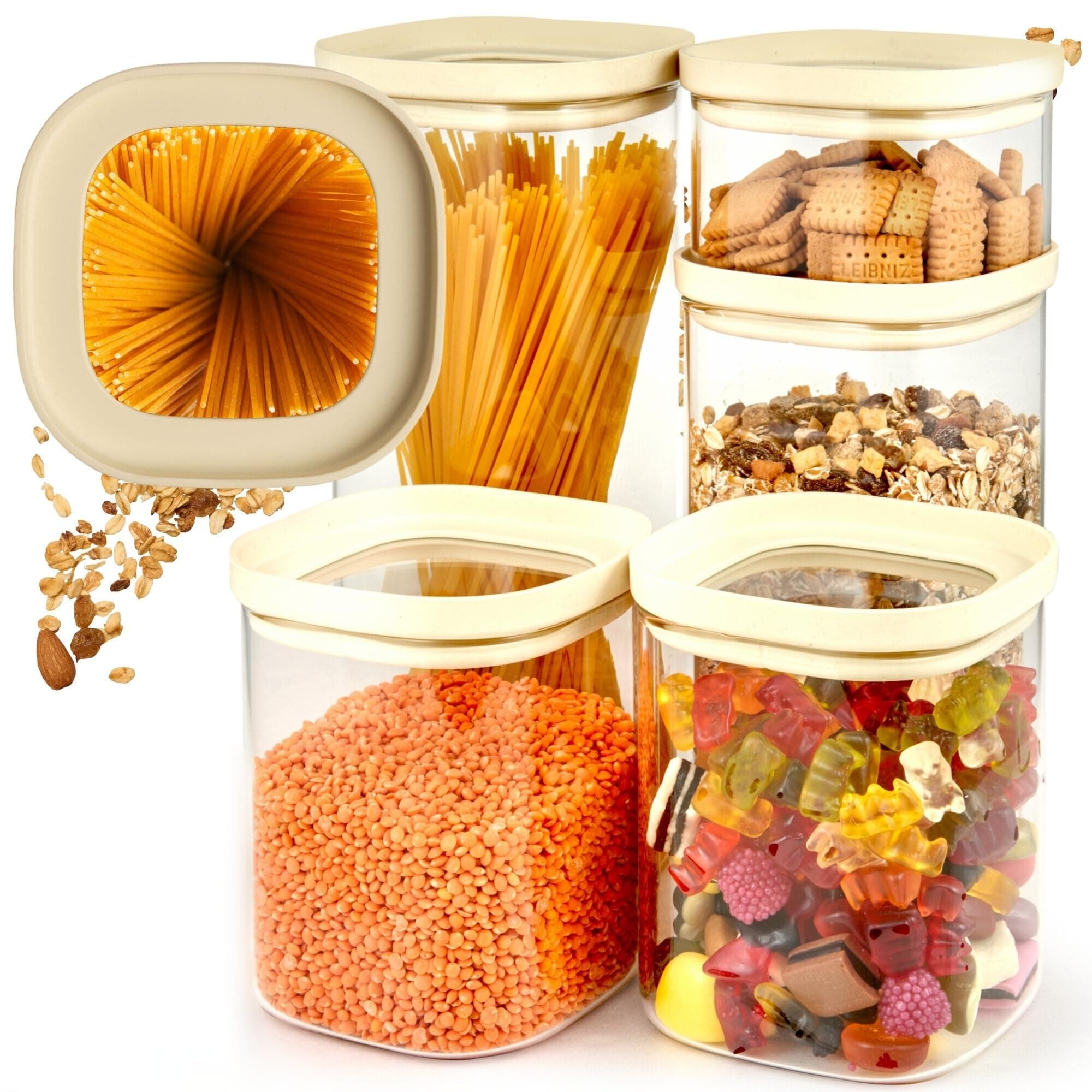 Dalena Home Set de 5 Tarros de Cristal con Tapa de Vidrio Borosilicato resistente + Etiquetas (1x 2000ml, 1x 1500ml, 2x 1000ml, 1x 500ml) - Botes Herméticos y Apilables - Botes Cocina Almacenaje