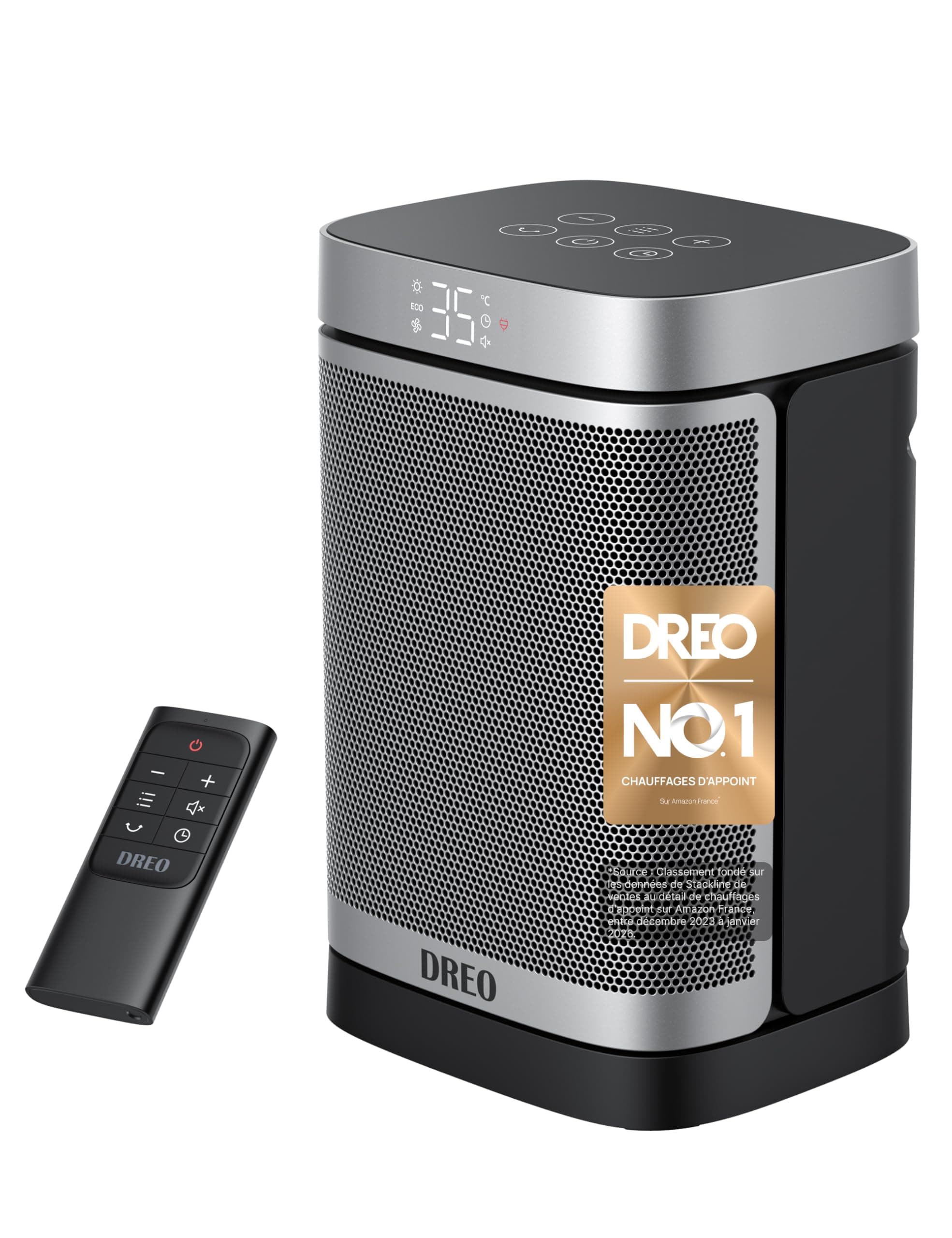 Dreo Chauffage d'appoint Atom One, Oscillant sur 70°, Électrique, Radiateur céramique PTC avec thermostat, Minuterie 1-12 h, Télécommande, Protection anti-surchauffe et anti-basculement, Mode ECO