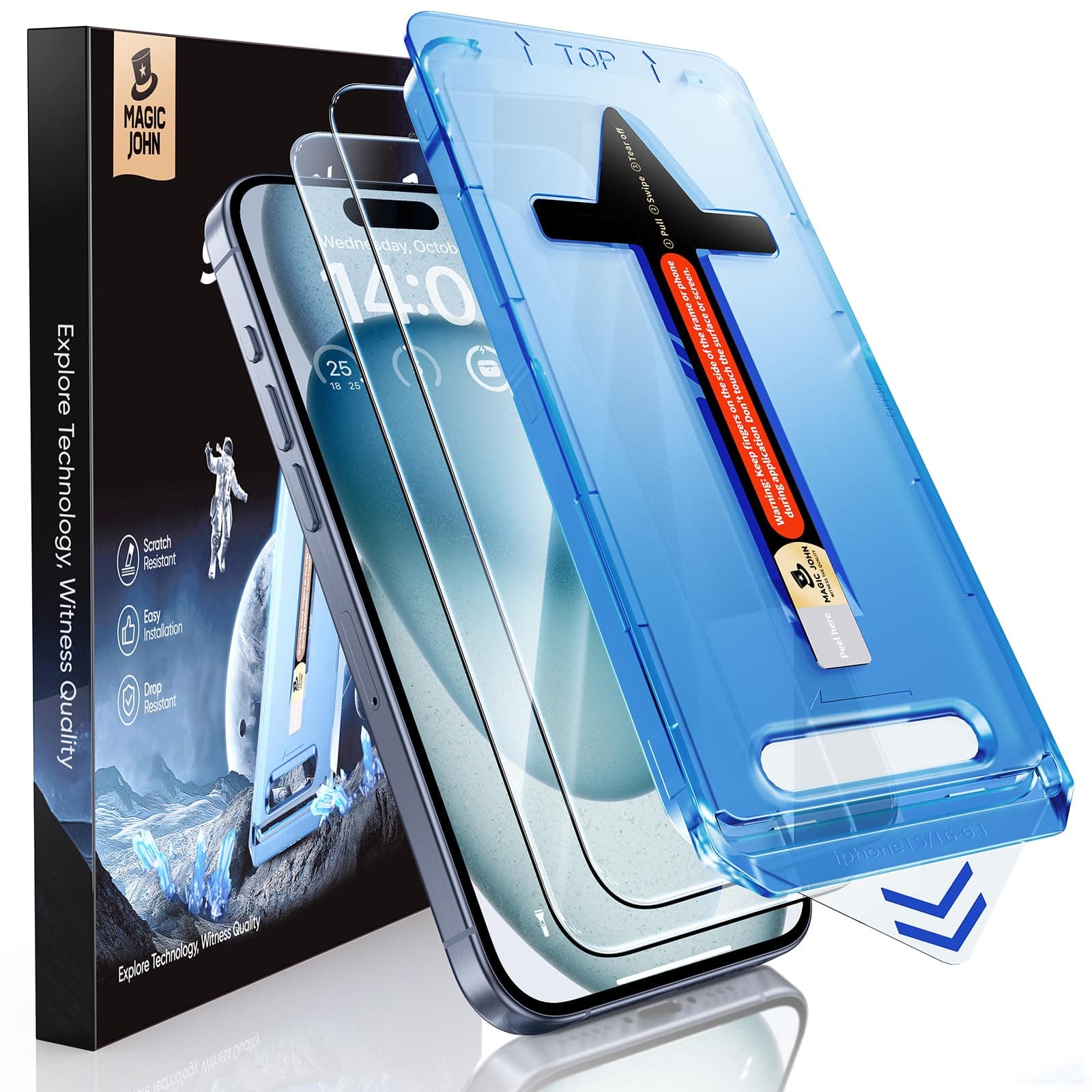 MAGIC JOHN 2 Stück für iPhone 15 für Bildschirmschutz (6,1 Zoll), Auto-Dust-Eliminierung, 9H, HD Klar, Bläschenfrei, Einfache Installation