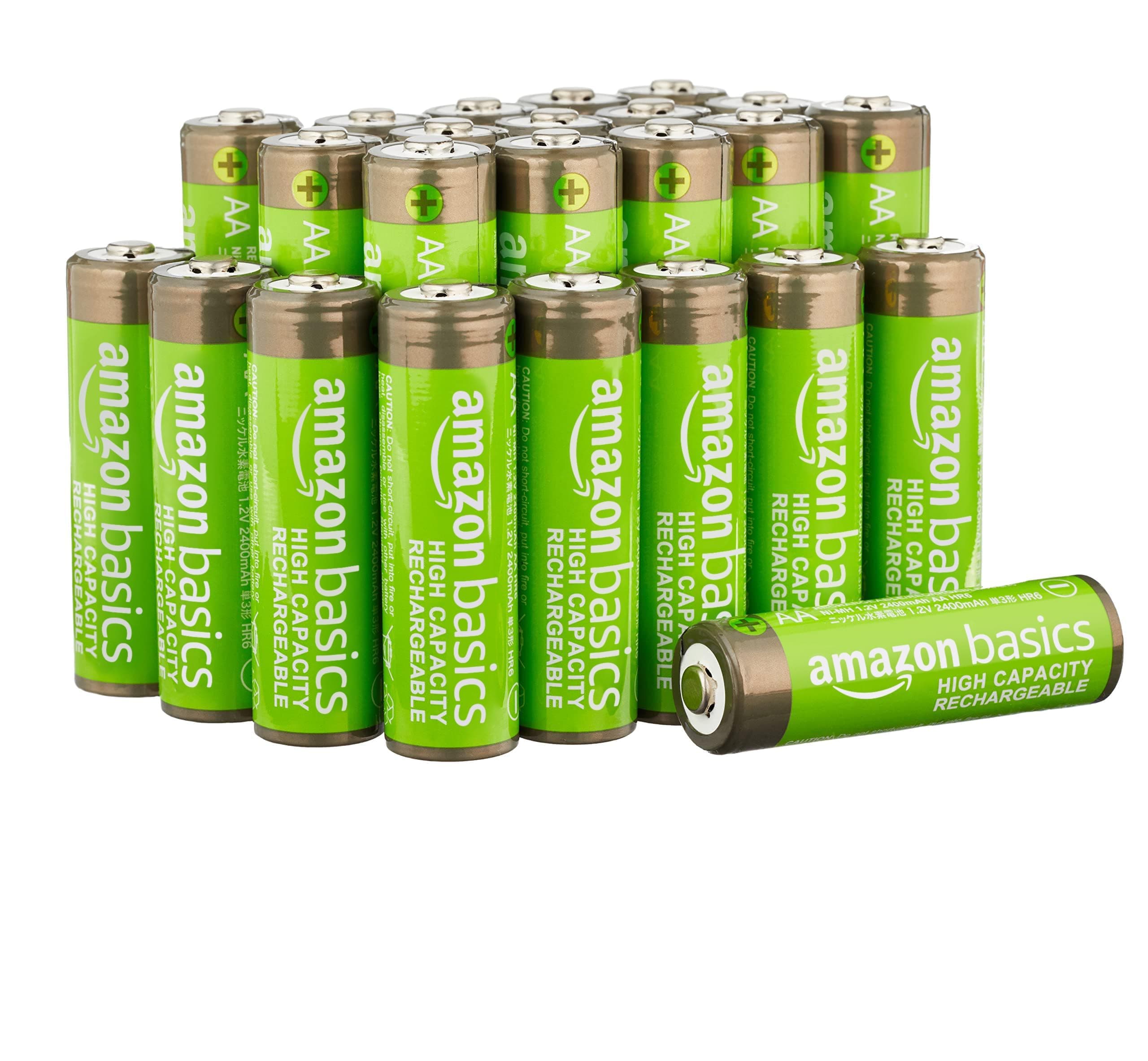 Amazon Basics confezione da 24 batterie ricaricabili AA NiMH ad alta capacità, 2400 mAh, 1,2 V, ricaricabili fino a 400 volte, precaricate