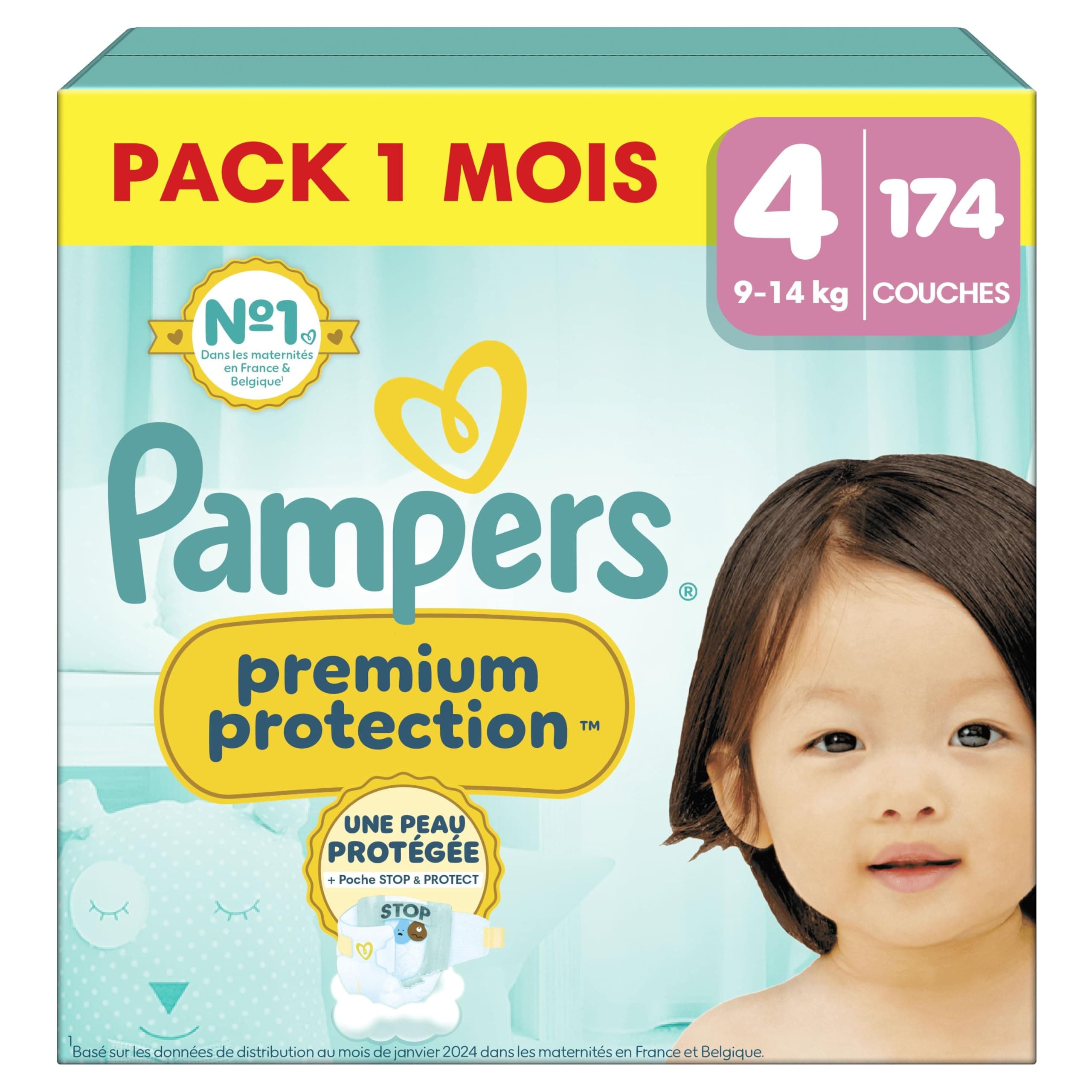 Pampers Premium Protection, Taille 4, 174 Couches, 9-14kg, Double Protection pour la peau et contre les fuites Avec Poche Stop & Protect pour aider à capturer les Fuites, Pack 1 Mois
