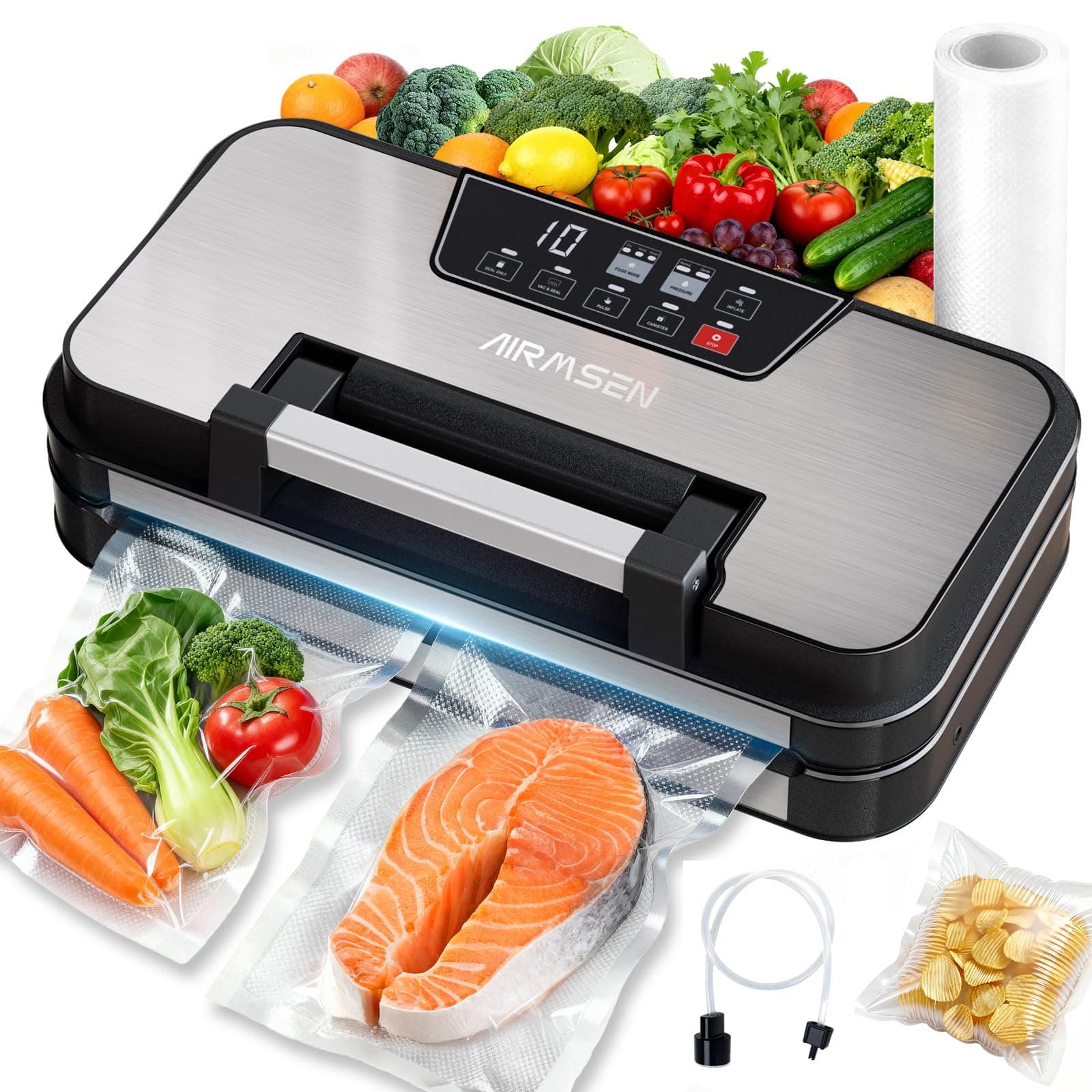 AIRMSEN Envasadora al vacío 95 kPa con función de inflado, modos Seco/Húmedo, doble sellado 30 cm, cortador incorporado, rollo y bandeja extraíble – mantiene los alimentos frescos hasta 8× más tiempo