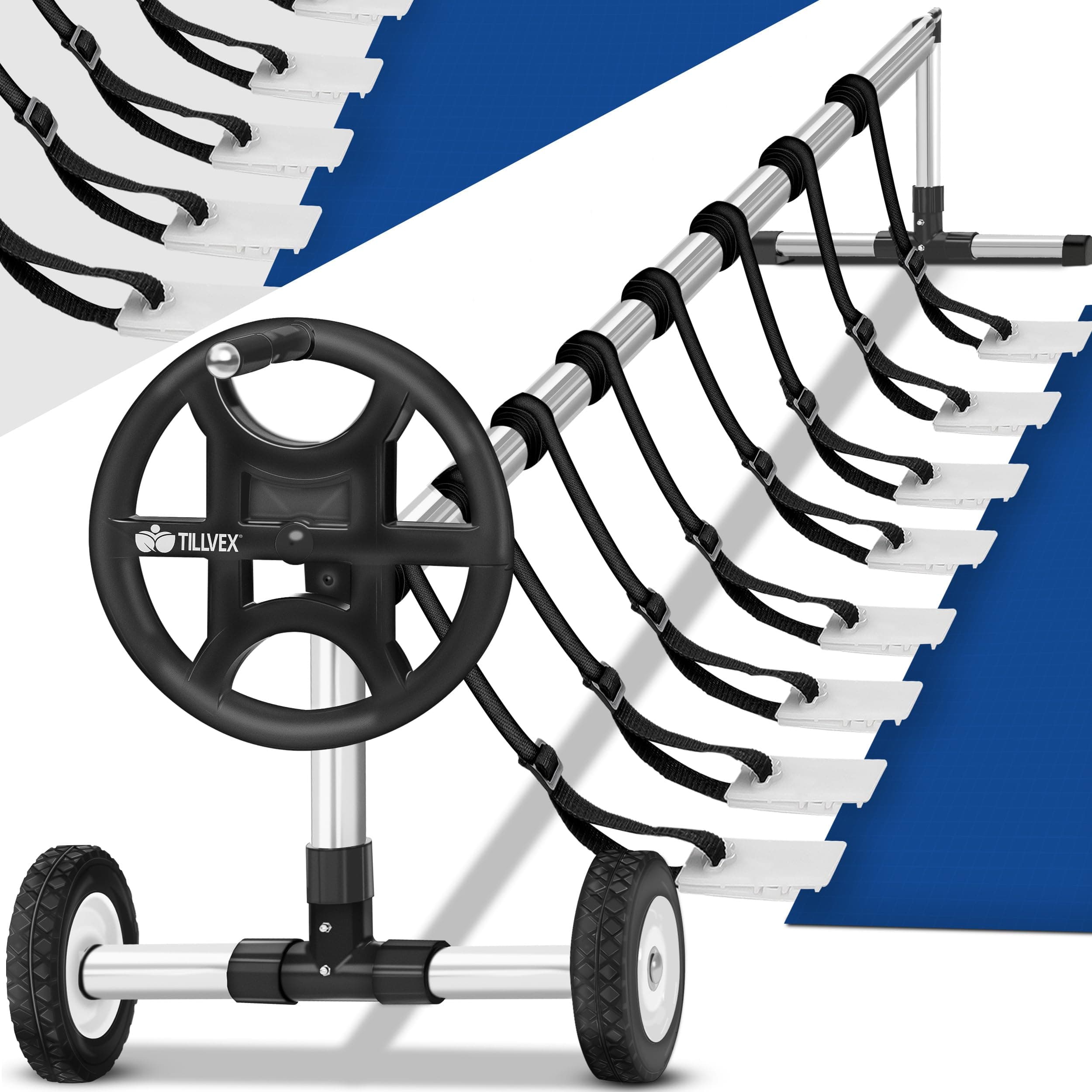 tillvex Enrollador de Cubiertas para Piscinas 3-5,70 m con neumáticos de Caucho Macizo | Sistema Móvil de Enrollado para Lonas, Láminas Solares | Incluye Cintas de Fijación y Ruedas