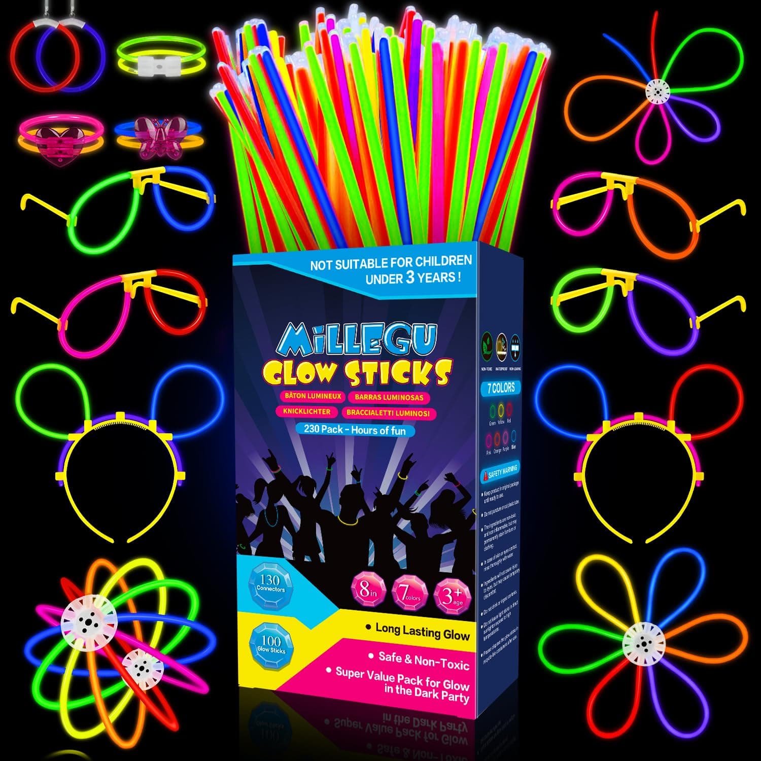 Millegu 230 Fluo Party Kit, 100 Braccialetti Luminosi Fluorescenti Bambini Adulti Starlight Glow Sticks e 130 Connettori per Bracciali Occhiali Gadget per Comleanno Feste Carnevale Capodanno 2026