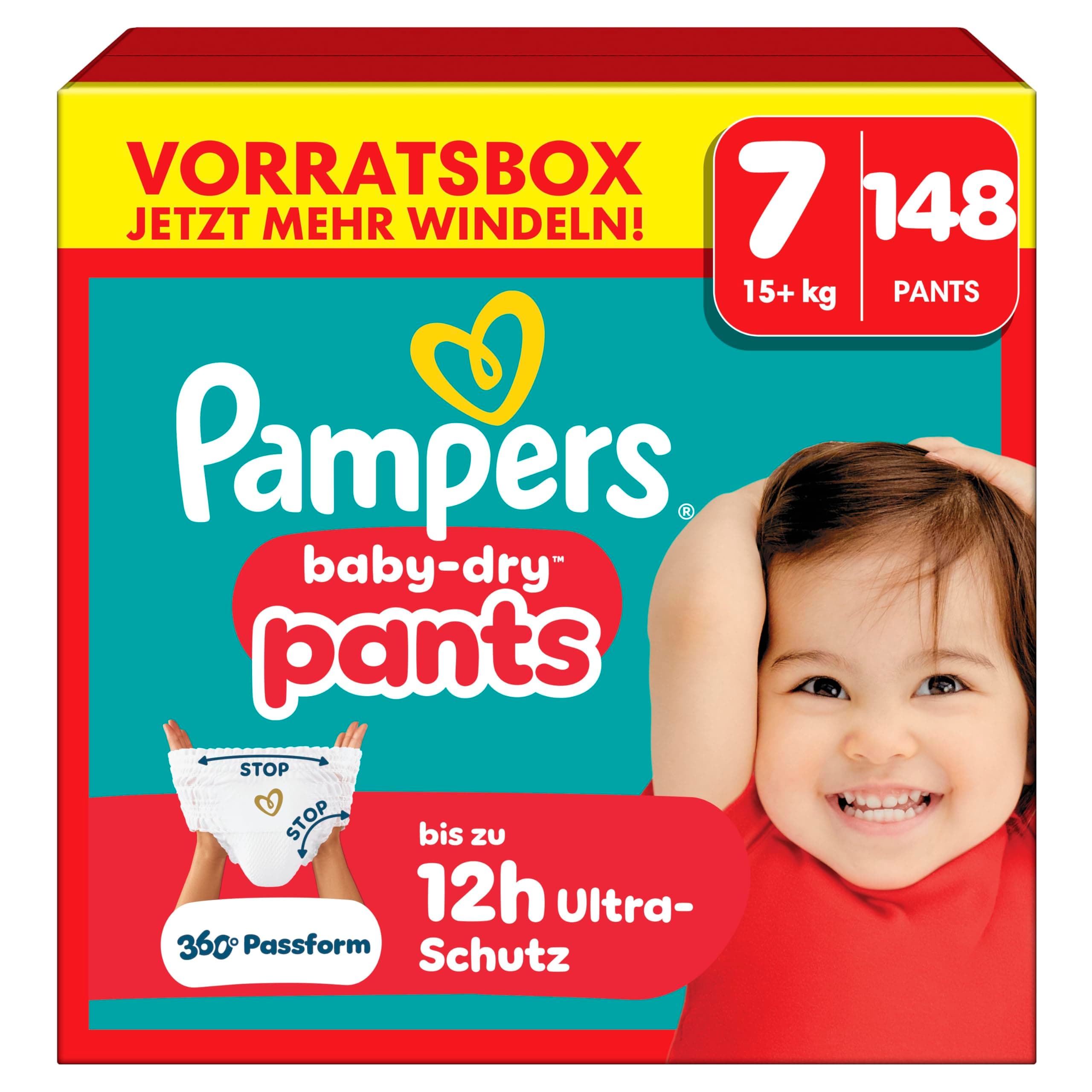Pampers Baby-Dry Pants Größe 7, 148 Stück, 15kg+, 360° auslaufsichere Passform für Tag und Nacht