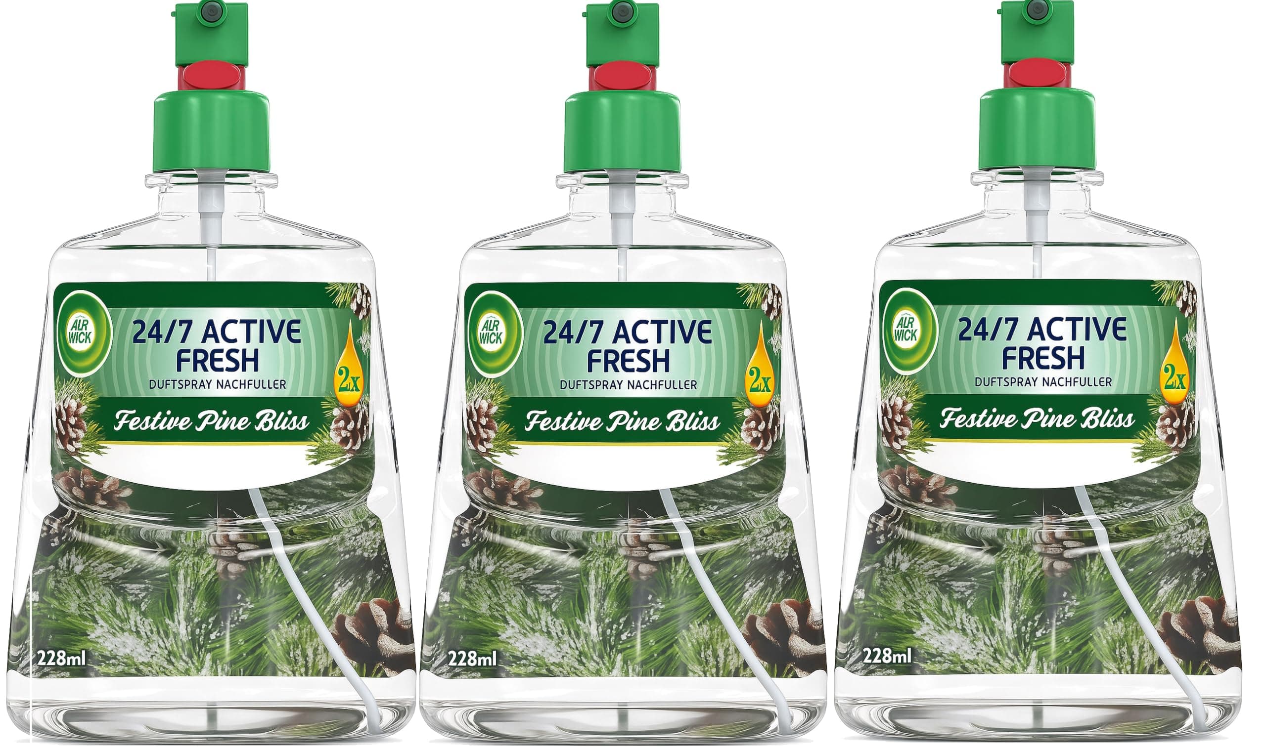 Air Wick Active Fresh – Aeorosolfreier, automatischer Lufterfrischer – Raumduft Festive Pine Bliss – 3 x 228 ml Nachfüller
