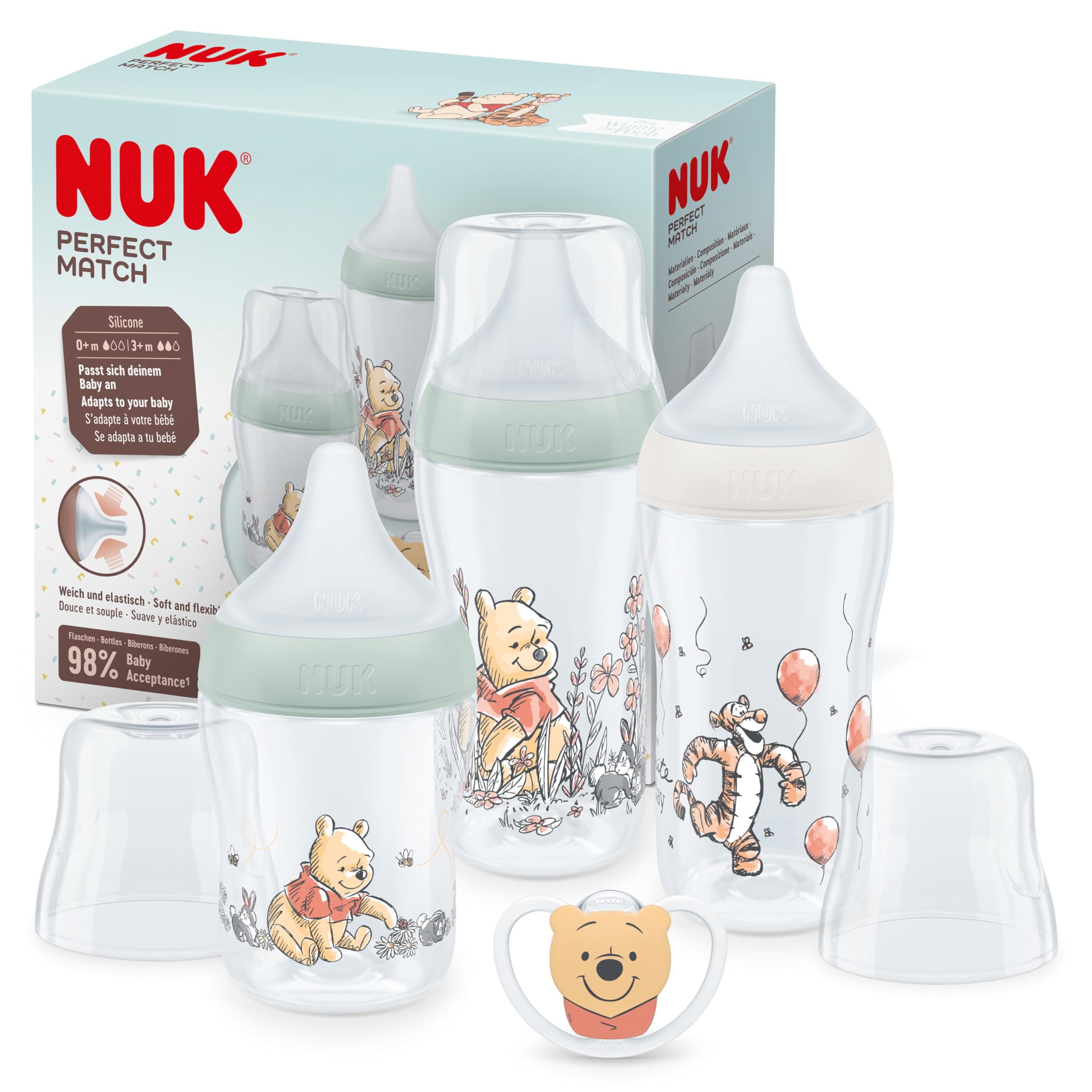 NUK Perfect Match Babyflaschenset | Ab 0 Monate | Passt sich dem Baby an | 3 Anti-Colic-Babyflaschen und Space-Schnuller | BPA-frei | Disneys Winnie Puuh | 4 Stück