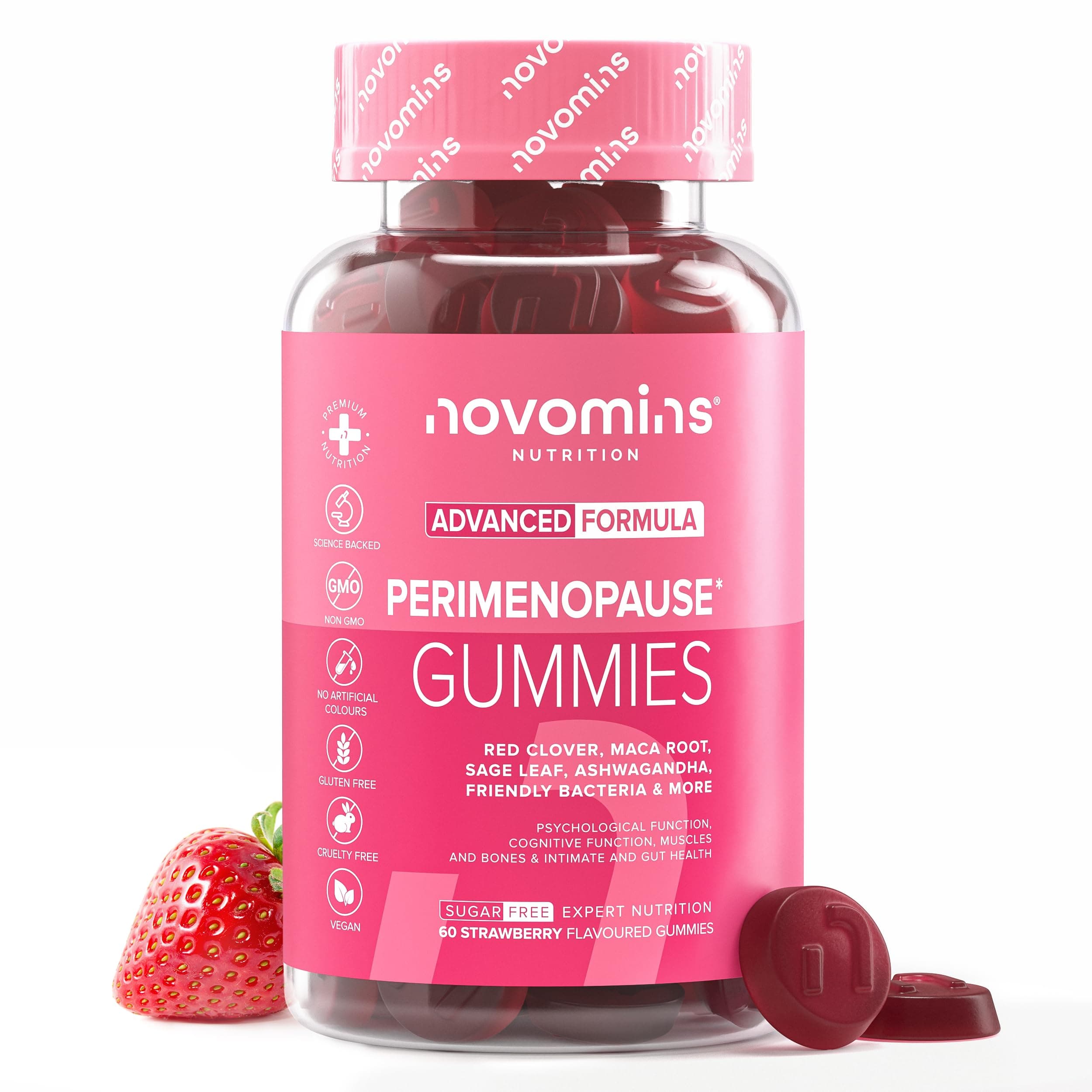 Perimenopausia Suplemento - 60 Gominolas - con Maca, Trébol Rojo, Salvia, Probioticos, Ashwagandha - para la Perimenopausia y Menopausia - Sin Azúcar - Equilibrio Hormonal para la Mujer - Novomins