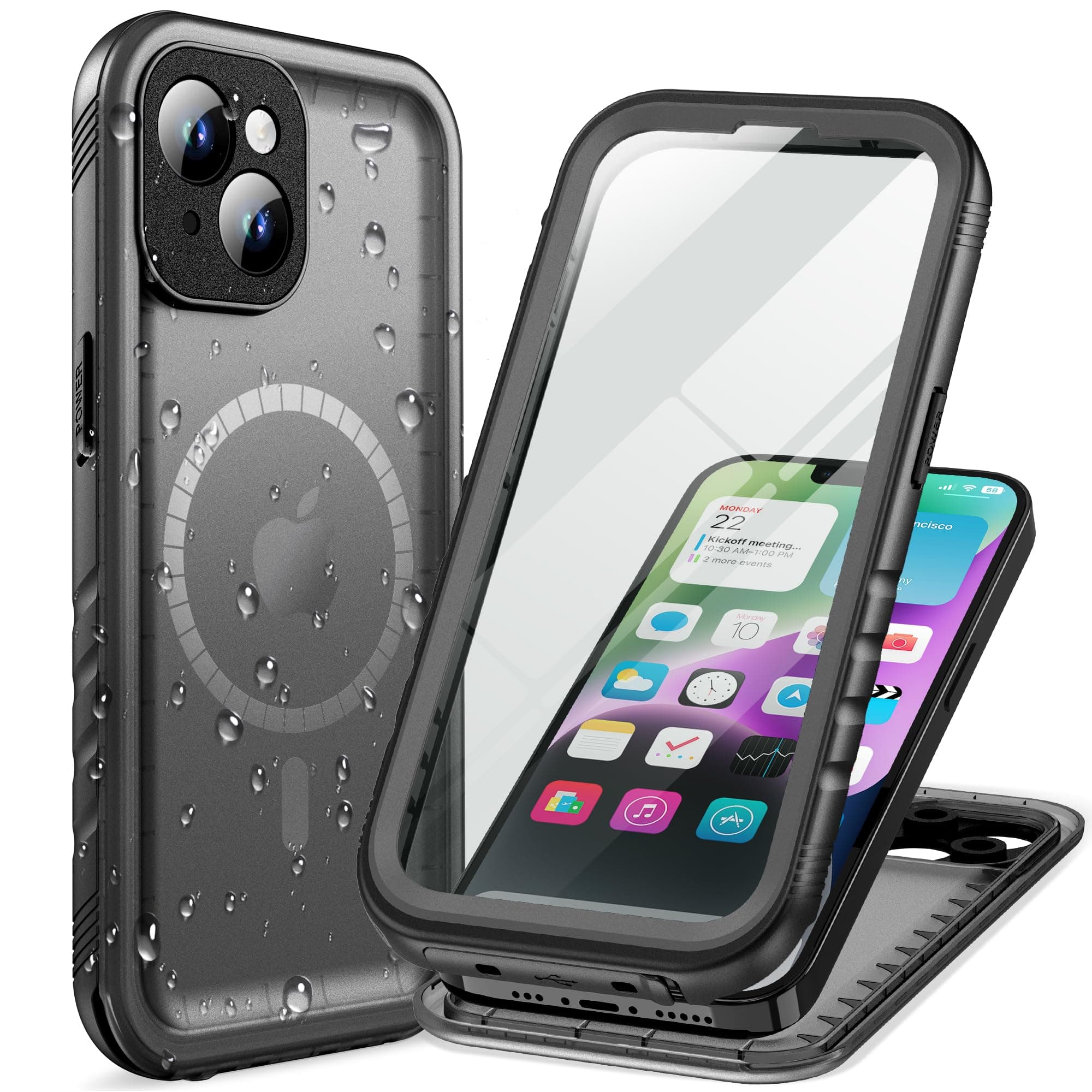 Cozycase Coque Top Antichoc IP68 Etanche pour iPhone 14 Plus pour Magsafe 360 Intégrale Anti Choc Eau Protection Incassable Double Waterproof Magnétique Full Case pour iPhone 14 Plus, Noir/M