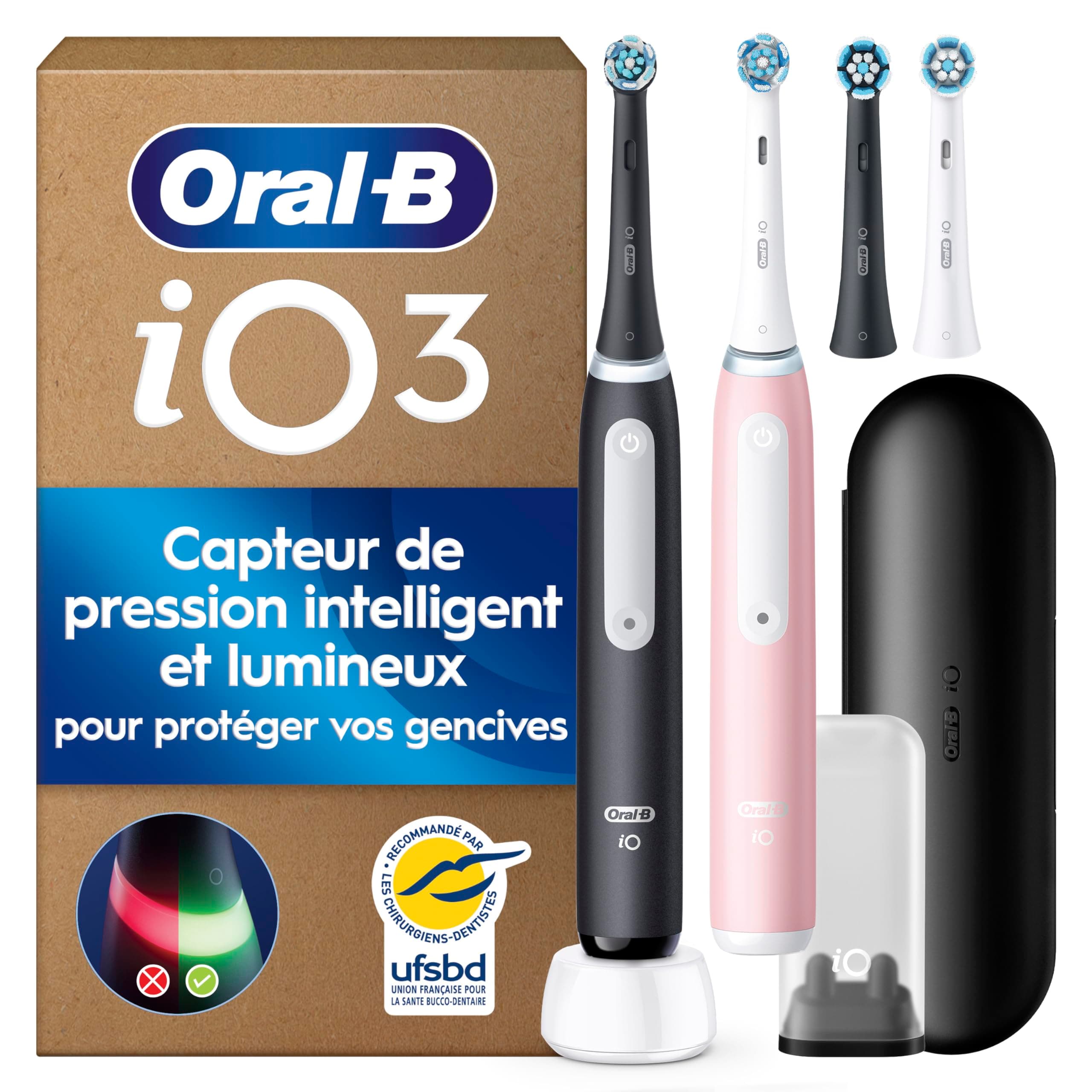 Oral-B Brosses à Dents Electriques iO 3 Duo, 4 Brossettes, Rose et Noire | 3 Modes de Brossage dont Douceur et Blancheur, Capteur de Pression sur les Gencives, Batterie Rechargeable, Etui
