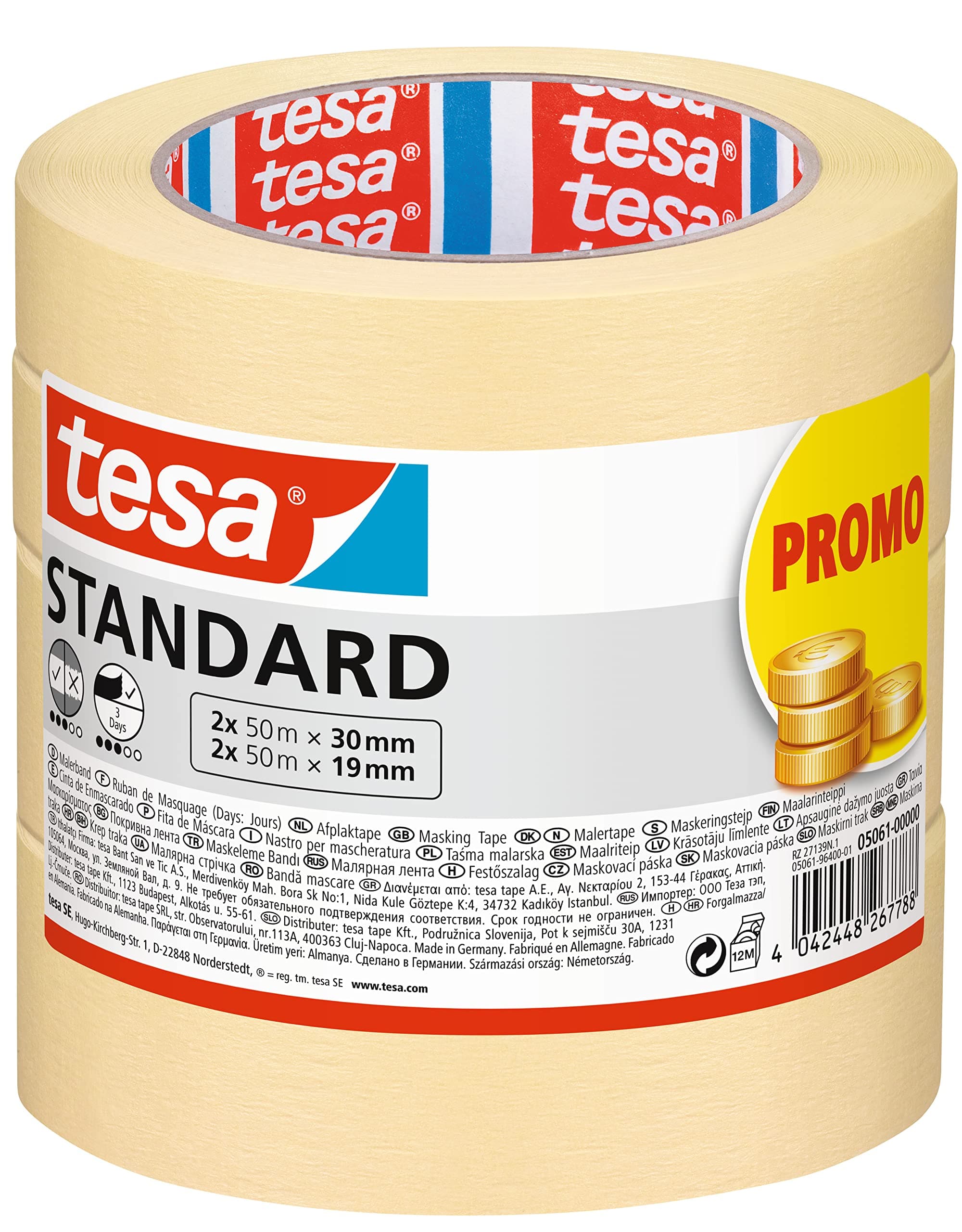 tesa Malerband Standard - 4er Pack - Malerabdeckband mit starker Haftung zum Abkleben bei Malerarbeiten - lösungsmittelfrei - 2 x 50m x 19mm + 2x 50m x 30mm