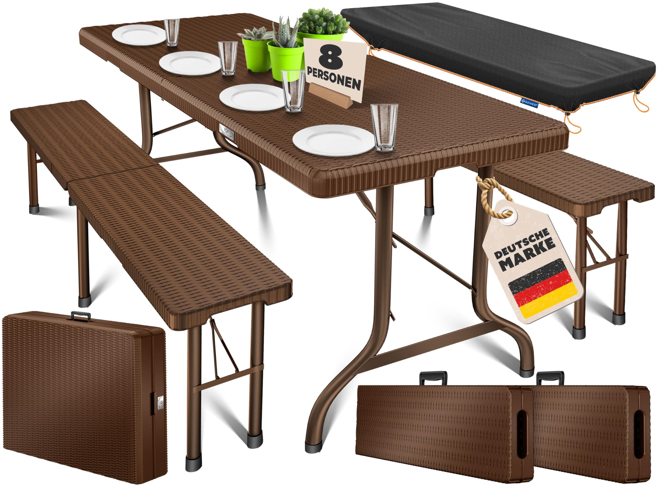 KESSER® Set tenda da birra - Set da 3 pezzi, Tavolo + 2 x Panca, per Interni - Esterni, AxLxP - 73x180x75 cm, Plastica, Set da Giardino in simil Rattan, Pieghevole, Marrone