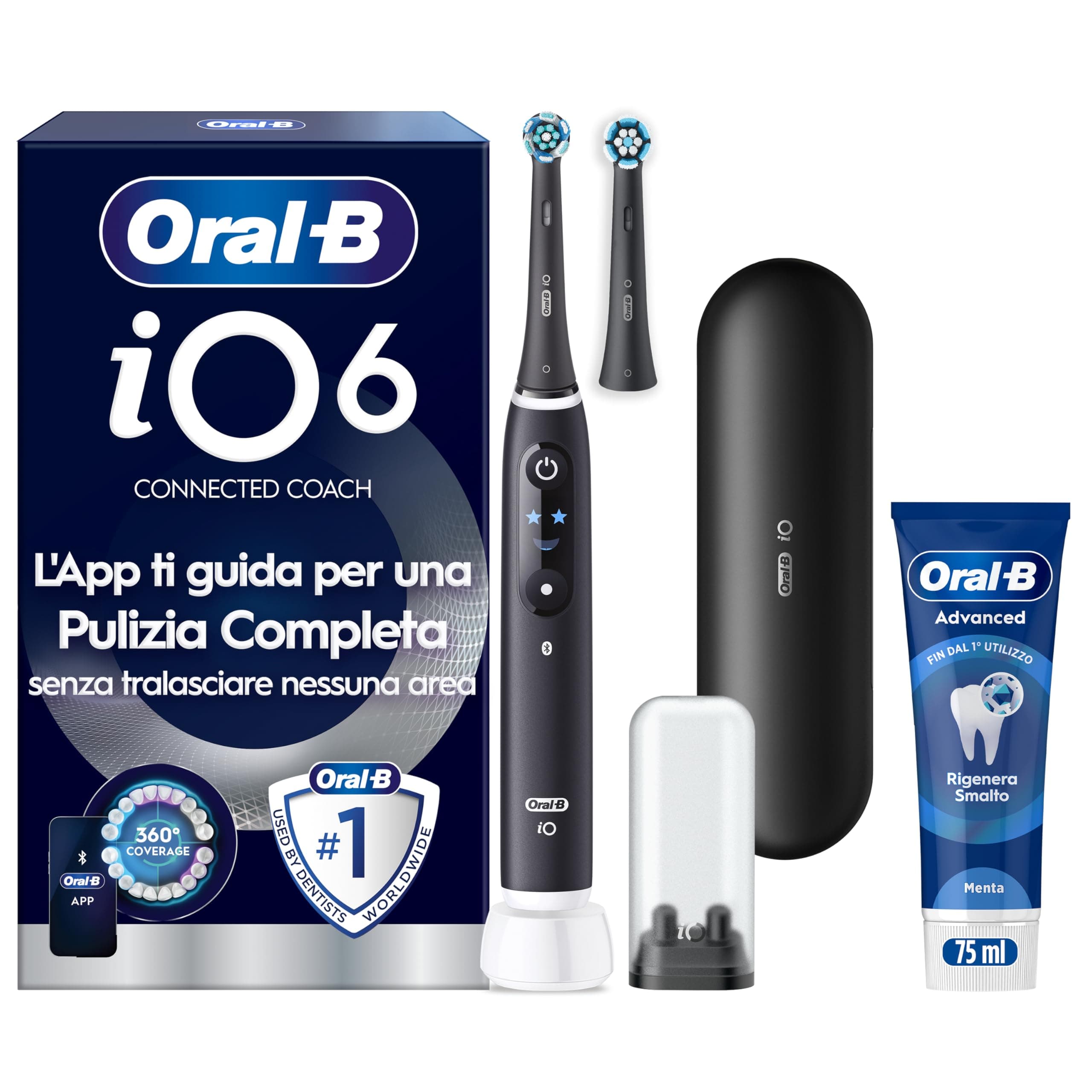 Oral-B iO 6 Spazzolino Elettrico, 2 Testine, Custodia, Dentifricio, Nero | 2 Testine di Ricambio per Spazzolino Elettrico, Ricaricabile, Custodia + 1 Dentifricio Advanced Rigenera Smalto