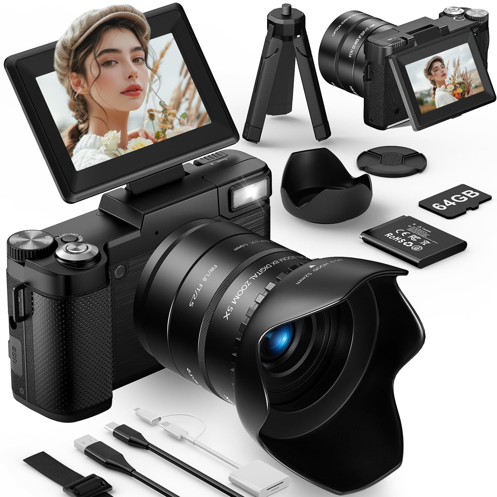 Longyi 6K Cámara Digital 75MP Camara de Fotos con Zoom Óptico 8X & Trípode, Pantalla 180° para Selfie Vlog Cámara Antivibración, Tarjeta 64GB, Lector de Tarjetas, Compacta Fotografica para Youtubers