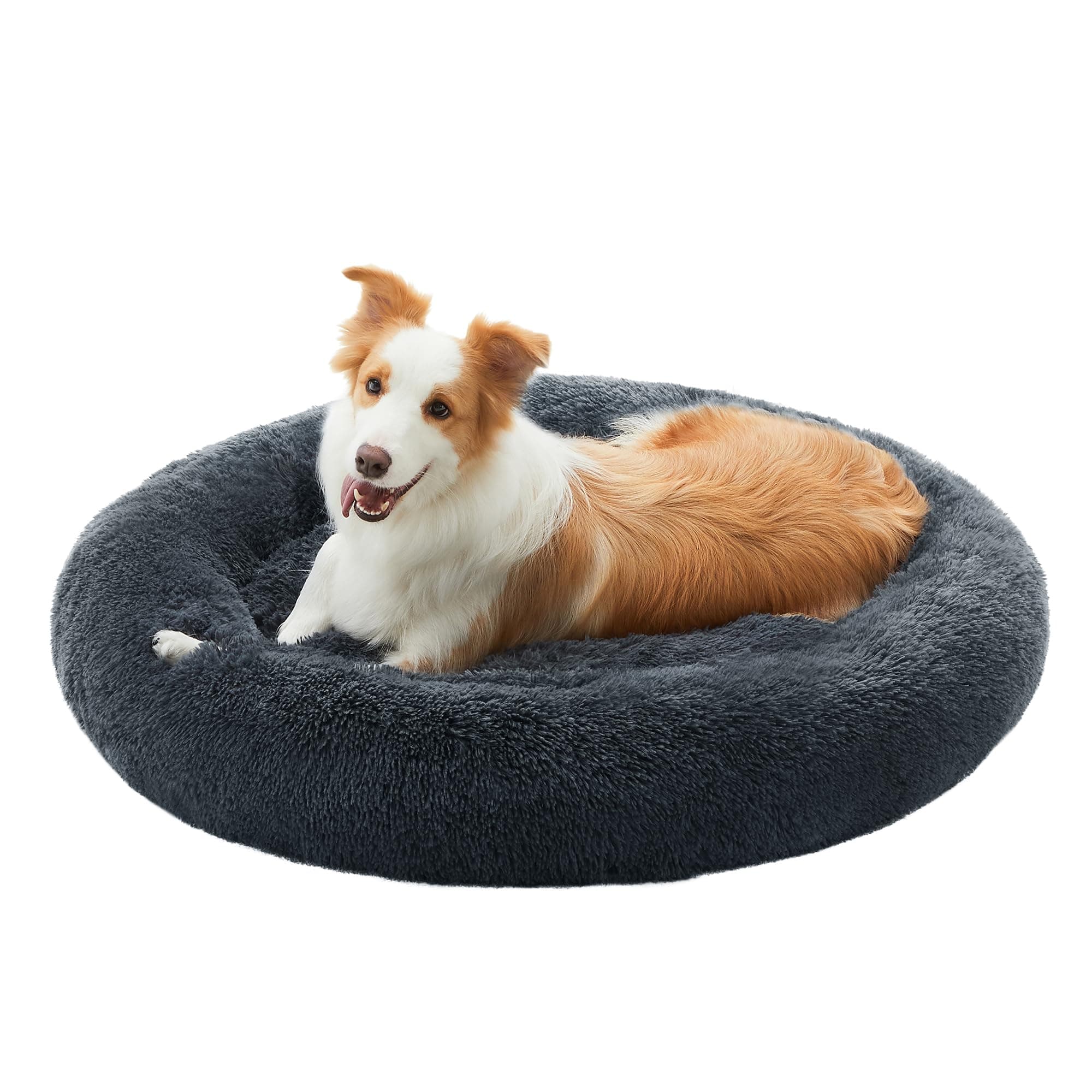 Feandrea Hundebett flauschig, Katzenbett, Donut Kissen, waschbar, Polsterung in der Mitte herausnehmbar, Langer Plüsch, 90 cm Durchmesser, dunkelgrau PGW041G02