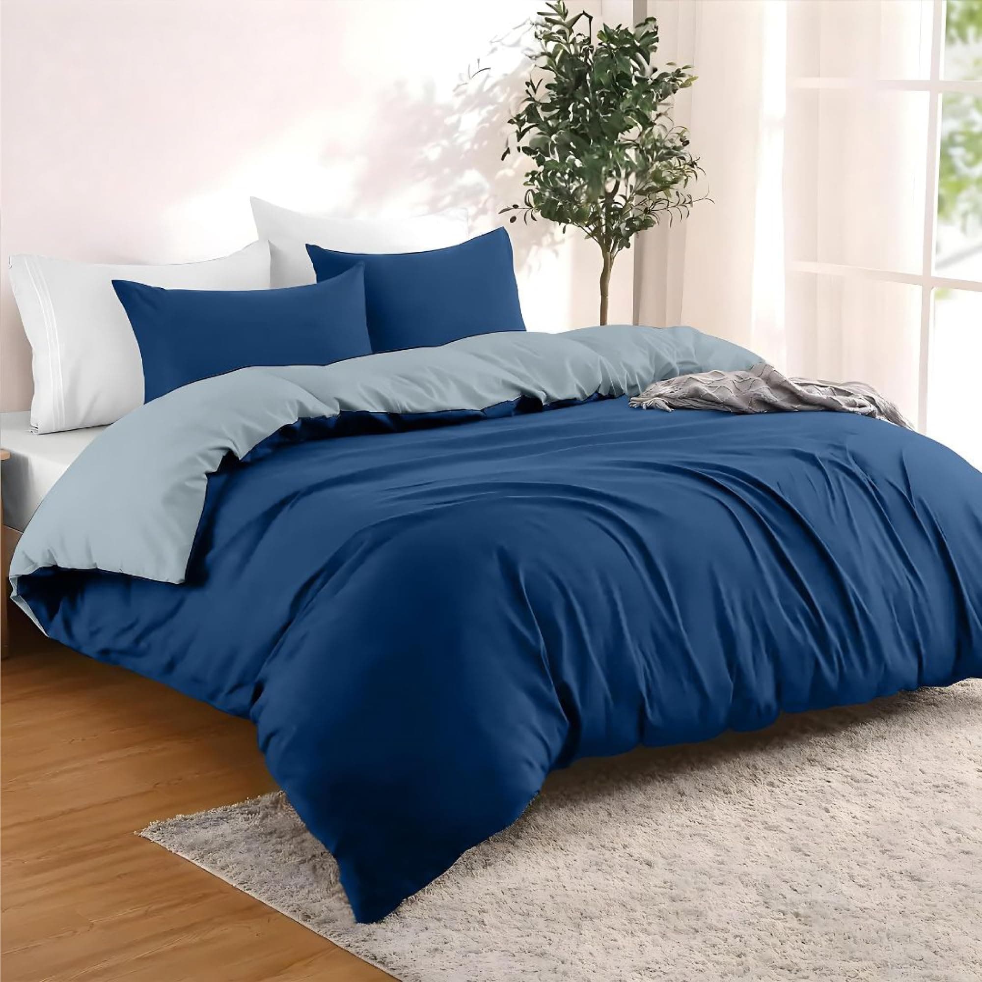 Dreamzie - Housse de Couette 240x220 cm avec 2 Taie Oreillers 65x65 cm - Bleu Foncé/Bleu Gris - Parure de Lit 240x220 en 100% Microfibre - 3 Pièces - Certifié sans Produits Chimiques (Oeko TEX)