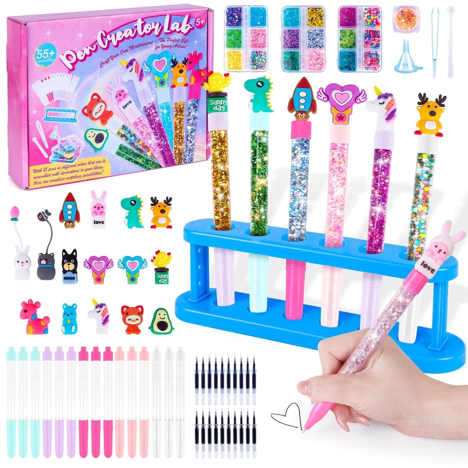 Kazzley Fabrique a Stylo, Kit de Creation Stylo avec 55+ Accessoires, Kit Loisir Creatif Enfant, idée Cadeau Fille 4 6 8 Ans, Activité Manuelle Enfants 5 7 9 10 Ans, Cadeau Anniversaire Fille Garcon