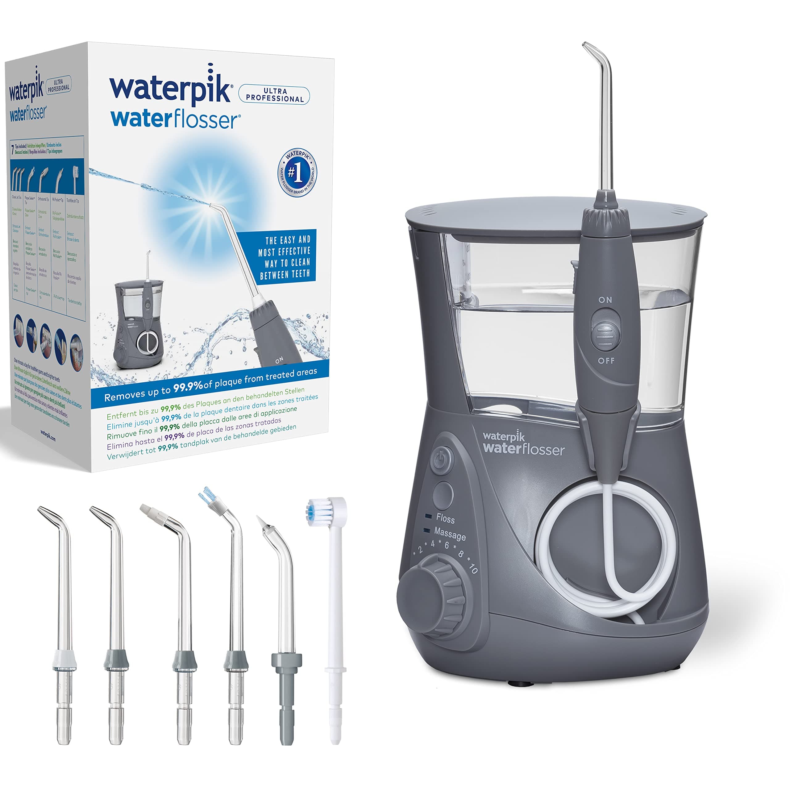 Waterpik Water Flosser Ultra Professional, Testsieger 2025, Precision Pulse Technology, TÜV Siegel, bis zu 99,9% Plaque Entfernung, 6x Aufsätze, 10 individuelle Modi, integrierter Timer, Grau