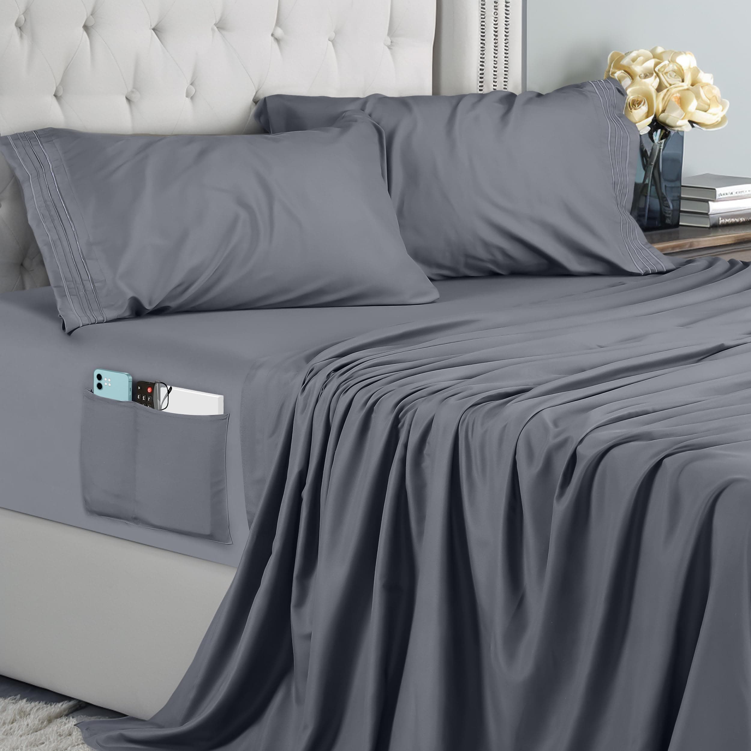 Utopia Bedding Juego de Sabanas 4 Piezas 135x190 - Microfibra De Poliéster, Sábana Bajera con Bolsillos de Almacenamiento, Sábana Plana Y 2 Fundas De Almohada Bordadas (Cama 135, Gris)