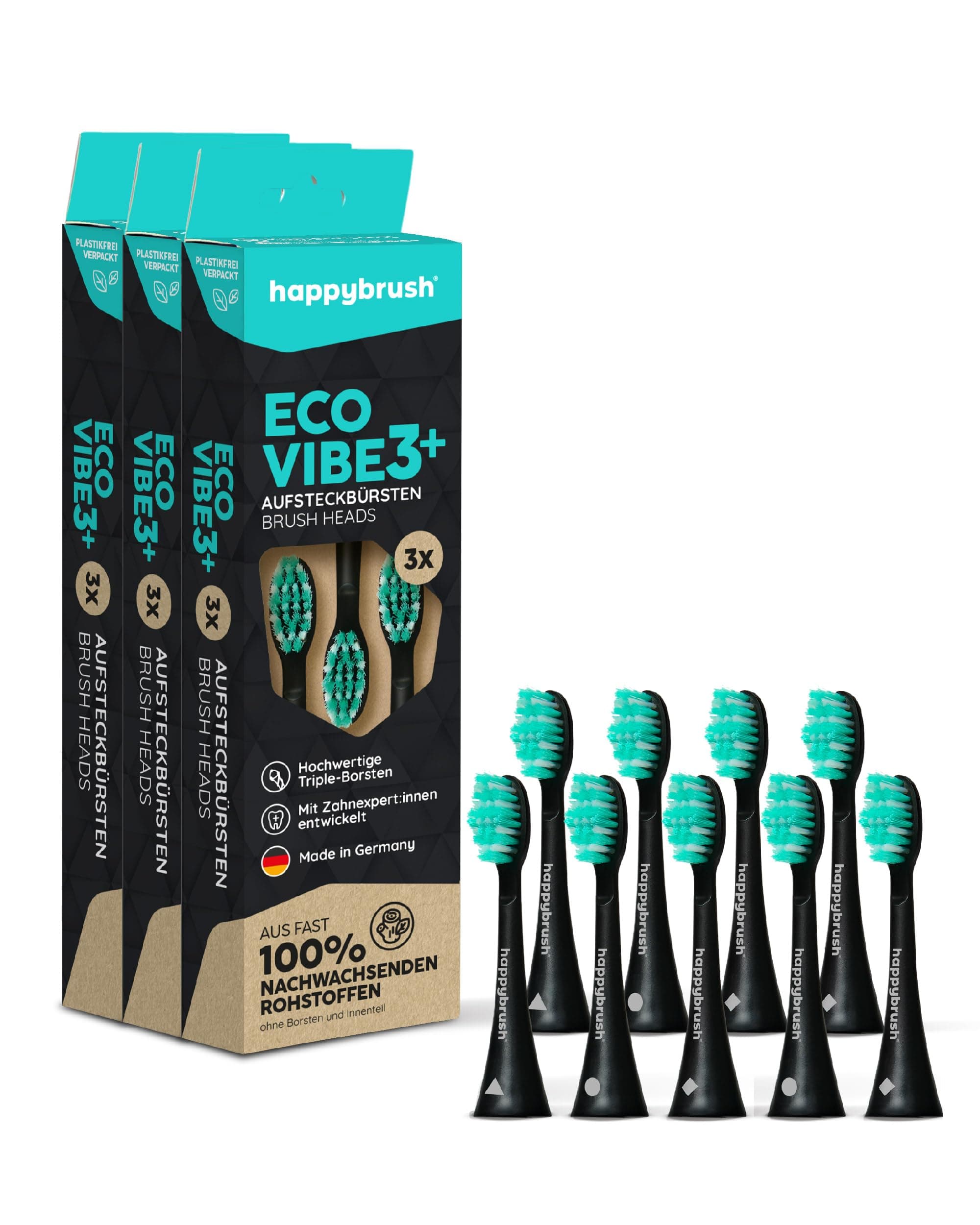 happybrush® Nachhaltige Aufsteckbürsten für elektrische Schall-Zahnbürste Eco VIBE 3 - Schwarz/Mint - 3x3 Stück