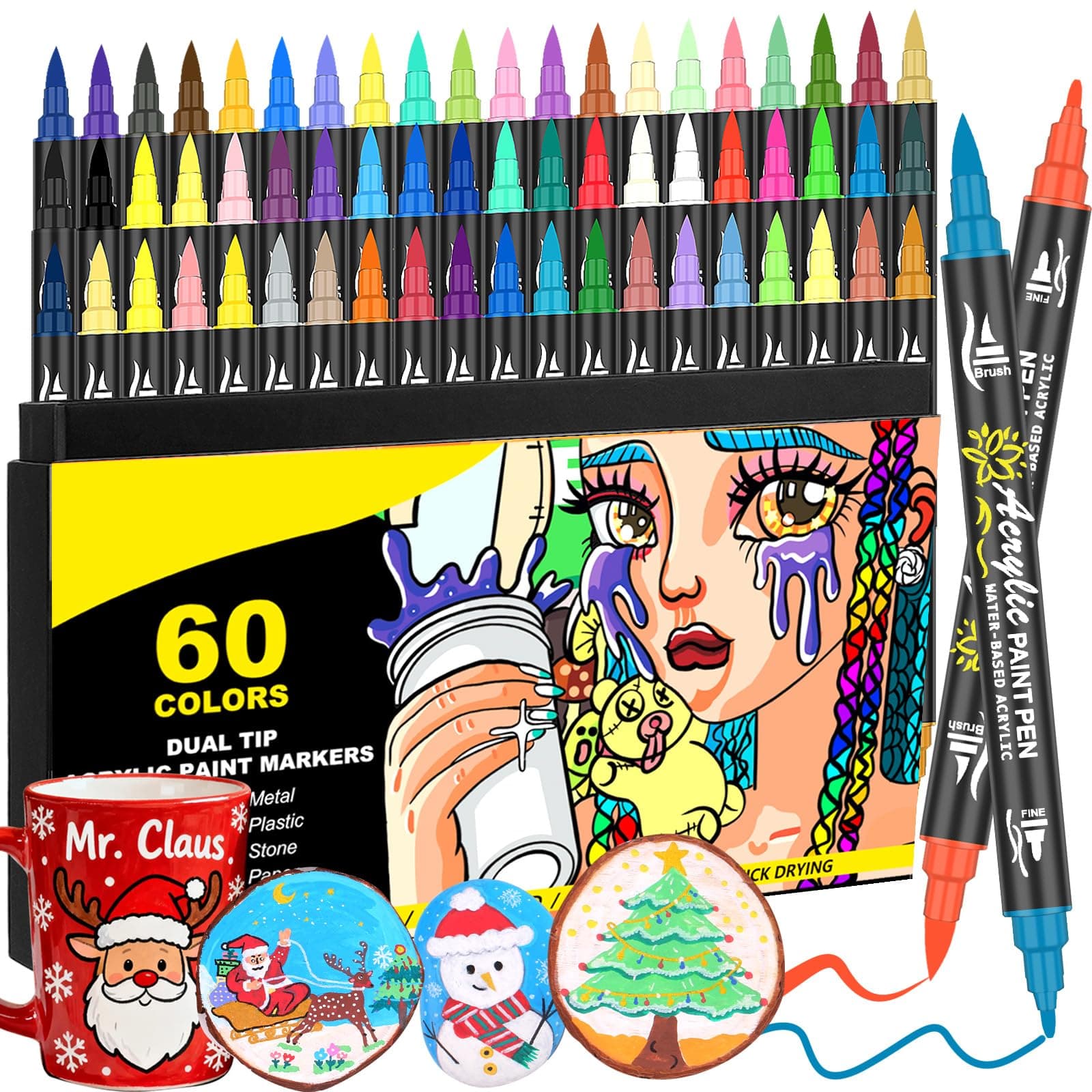 Lot de 60 stylos de peinture acrylique à double pointe – Marqueurs acryliques avec pinceau et pointe fine pour peinture sur roche, bois, verre, céramique, pierre, tissu, projets artistiques, loisirs