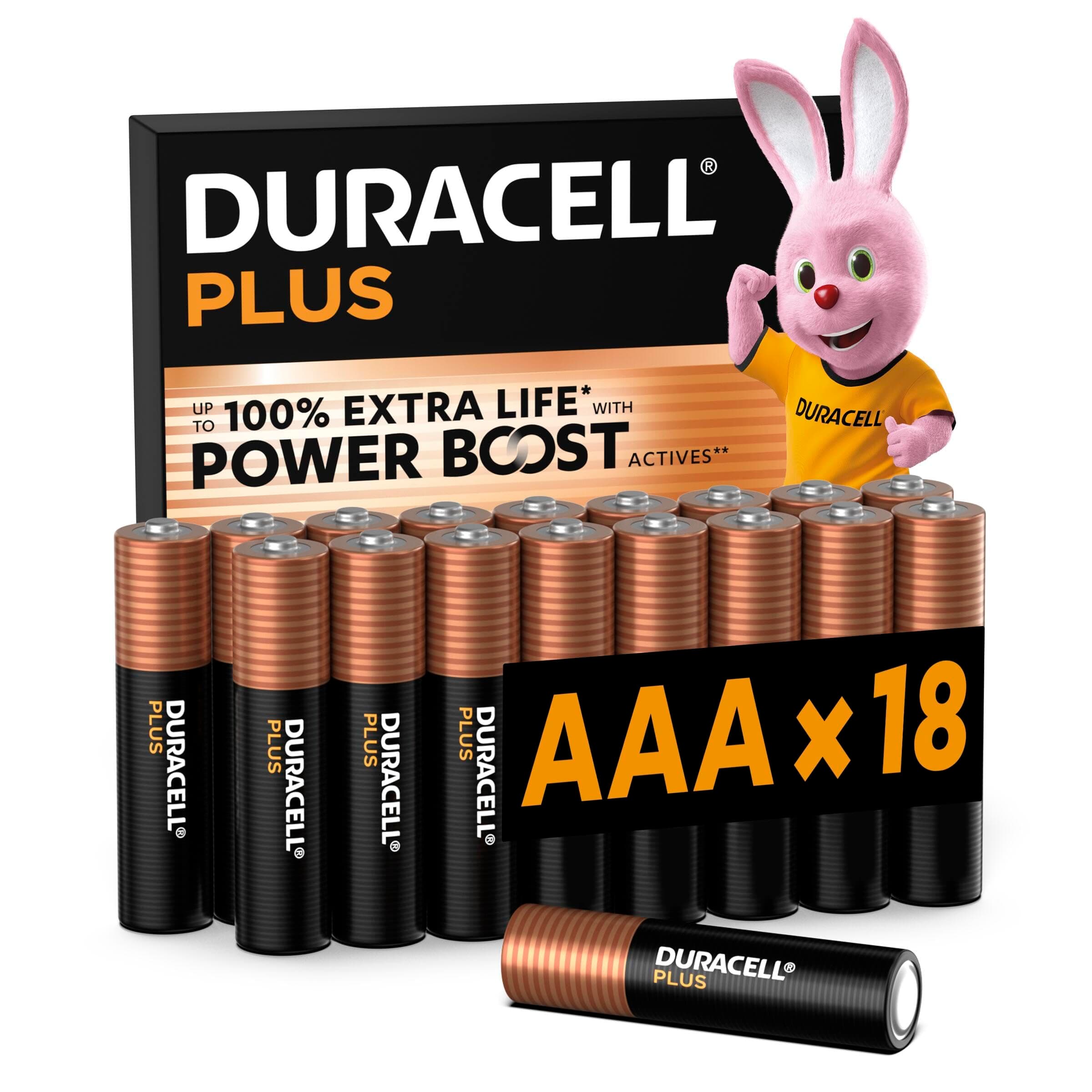 DURACELL Batterie Plus AAA (Confezione da 18) – Batterie Alcaline da 1,5 V – Fino al 100% di durata extra con Attivi POWER BOOST – Affidabilità per i dispositivi di utilizzo quotidiano - MN2400