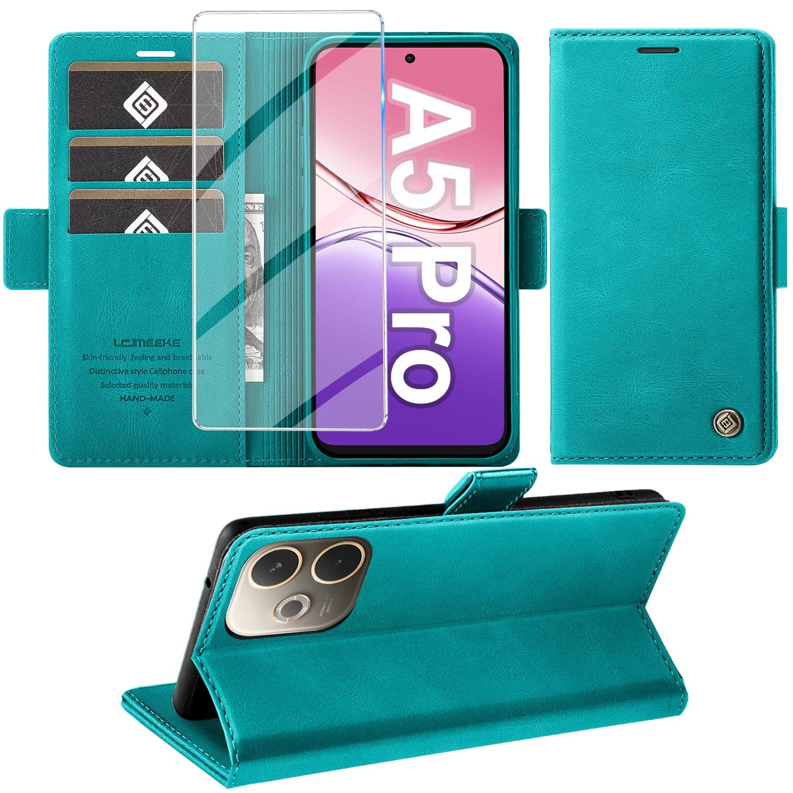 Giyer Cover per OPPO A5 Pro Custodia con Vetro Temperato, Premium Pelle PU Portafoglio Slot per Scheda RFID Antifurto Funzione Supporto Flip Case, Antiurto per OPPO A5 Pro 5G Cover (Ciano)