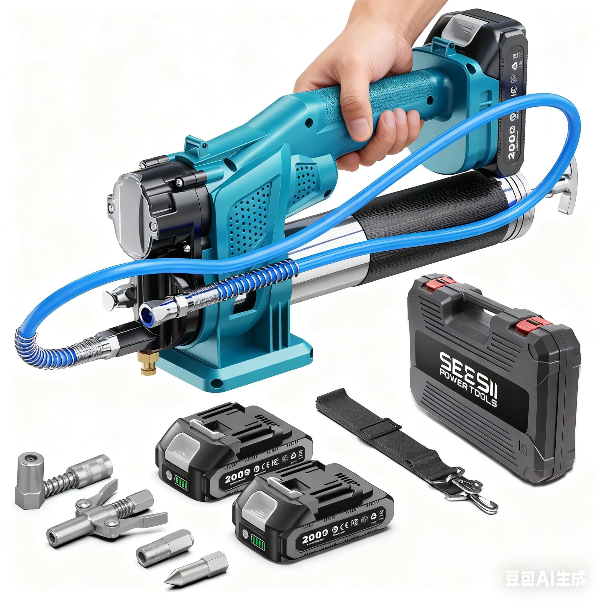 Seesii Pompe a Graisse Electrique Kit: Haute Performance 10 000 PSI 4,6 oz/Min, Pompe à Graisse avec 2 Batteries, Tuyau de 39,4, Raccord à 90°, 3 Embouts pour Un Graissage Plus Papide et sans Effort