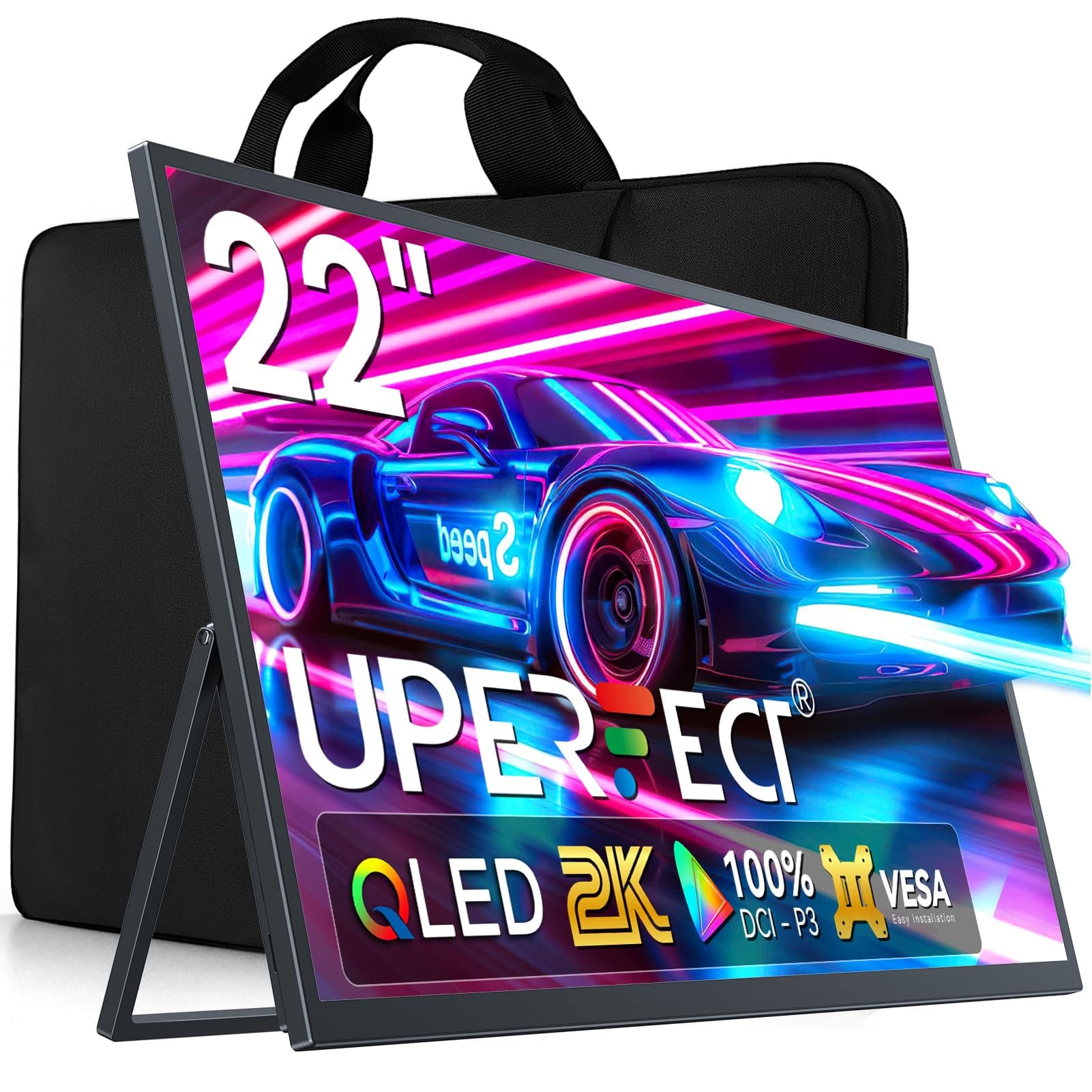 UPERFECT 22 Pulgadas 2K QLED Monitor Portátil, Pantalla Móvil con Soporte Integrado QHD IPS Display Mate Eye-Care 2560x1440 Mini HDMI USB C para PC Laptop Xbo Switch PS4/5, Compatible con VESA