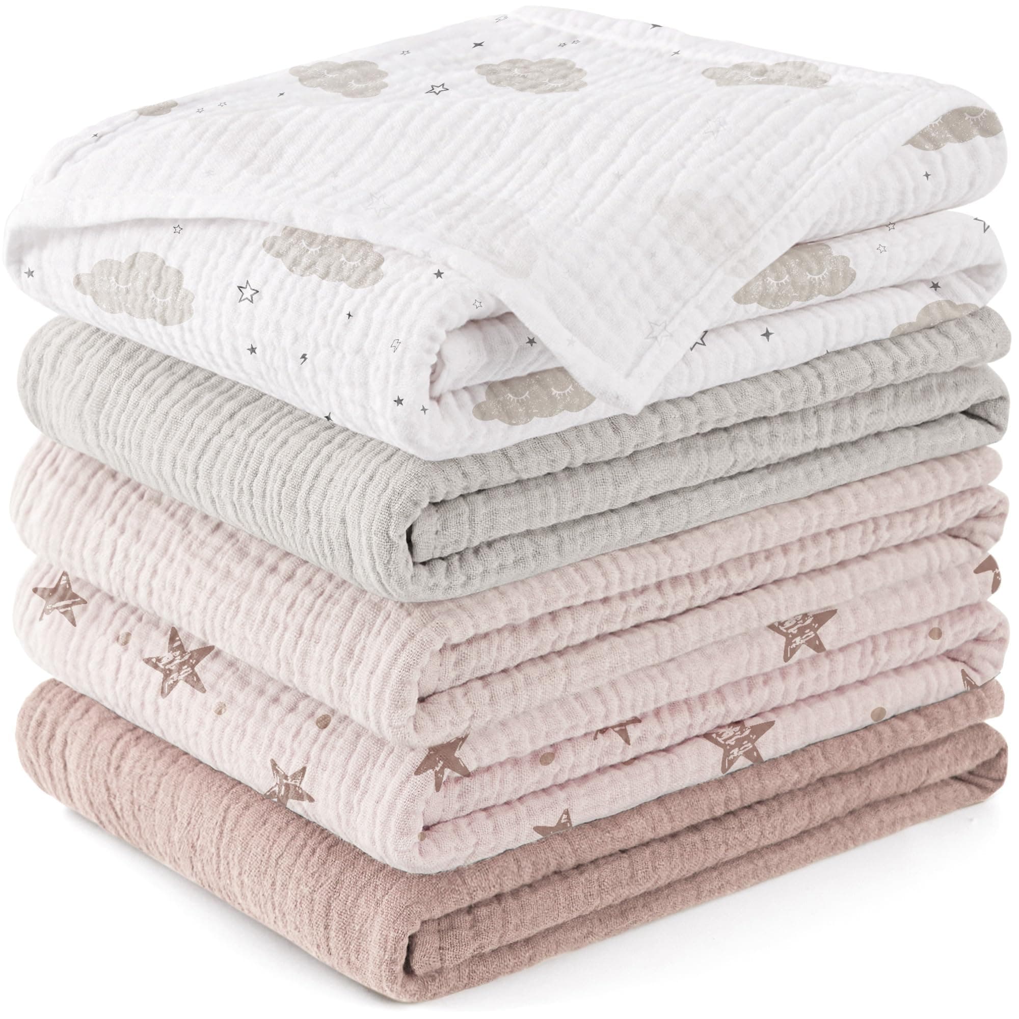 Susurration Langes Coton BéBé 60x60cm,Lot de 5 Mousseline de Coton Carrés de Mousseline Super Absorbant de Mousseline à Grain pour Unisexe Bébé Filles et Garçons(Pentagramme Rose)