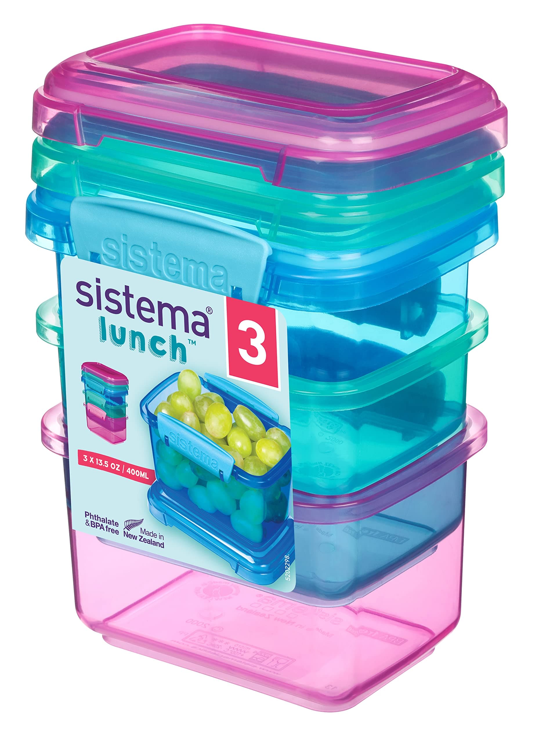 Sistema Lunchbox Frischhaltedose | 400 ml | kleine Snack-Boxen | BPA-freier Kunststoff | gemischte Farben (Rosa/Blau/Grün) | 3 Stück